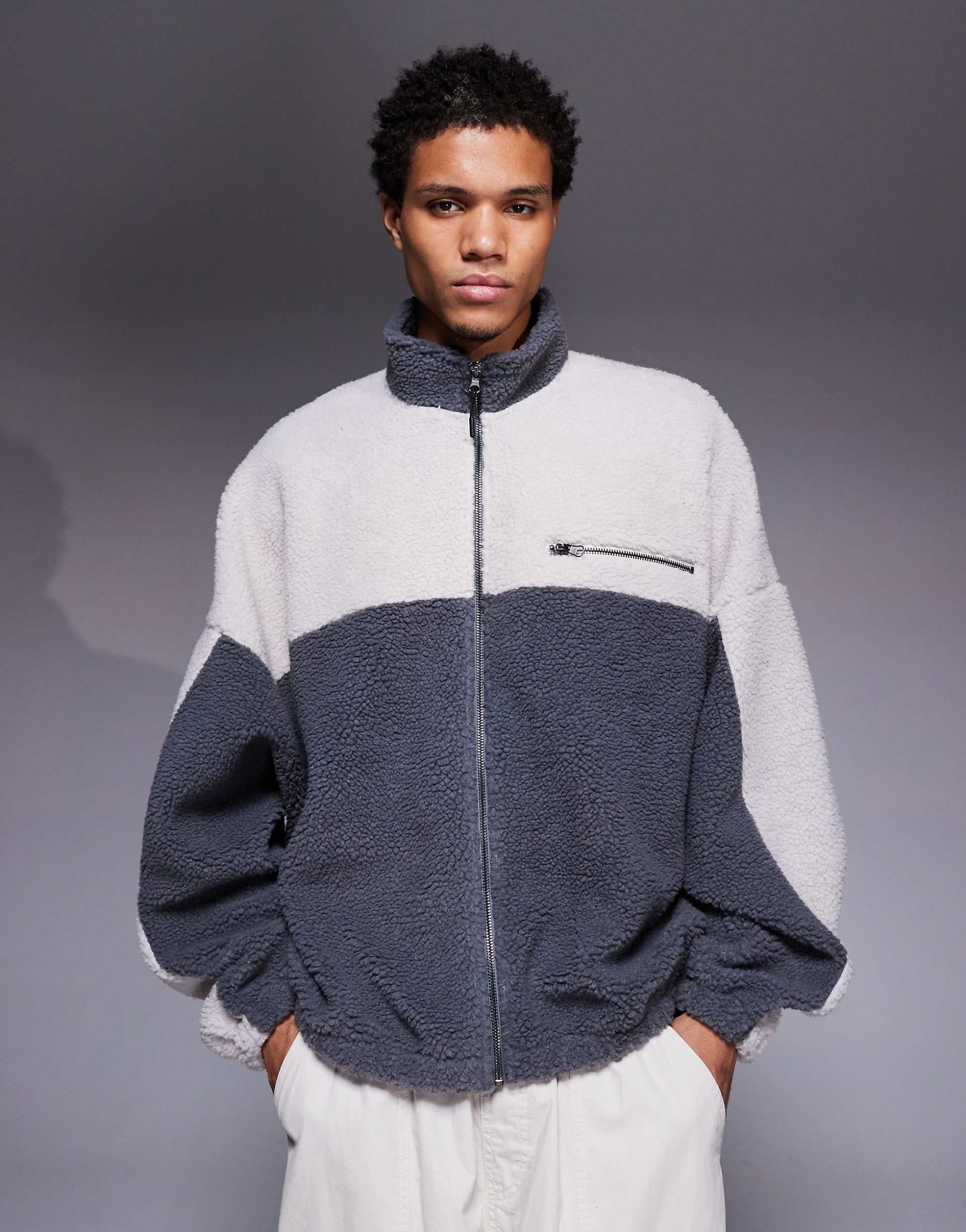 ASOS DESIGN relaxed funnel neck zip through borg sweatshirt in gray