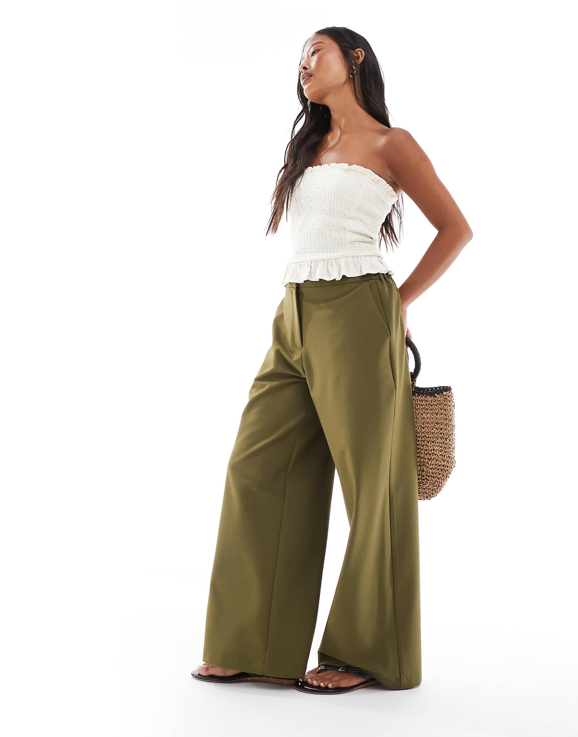 ASOS DESIGN Petite relaxed straight leg pants in khaki green