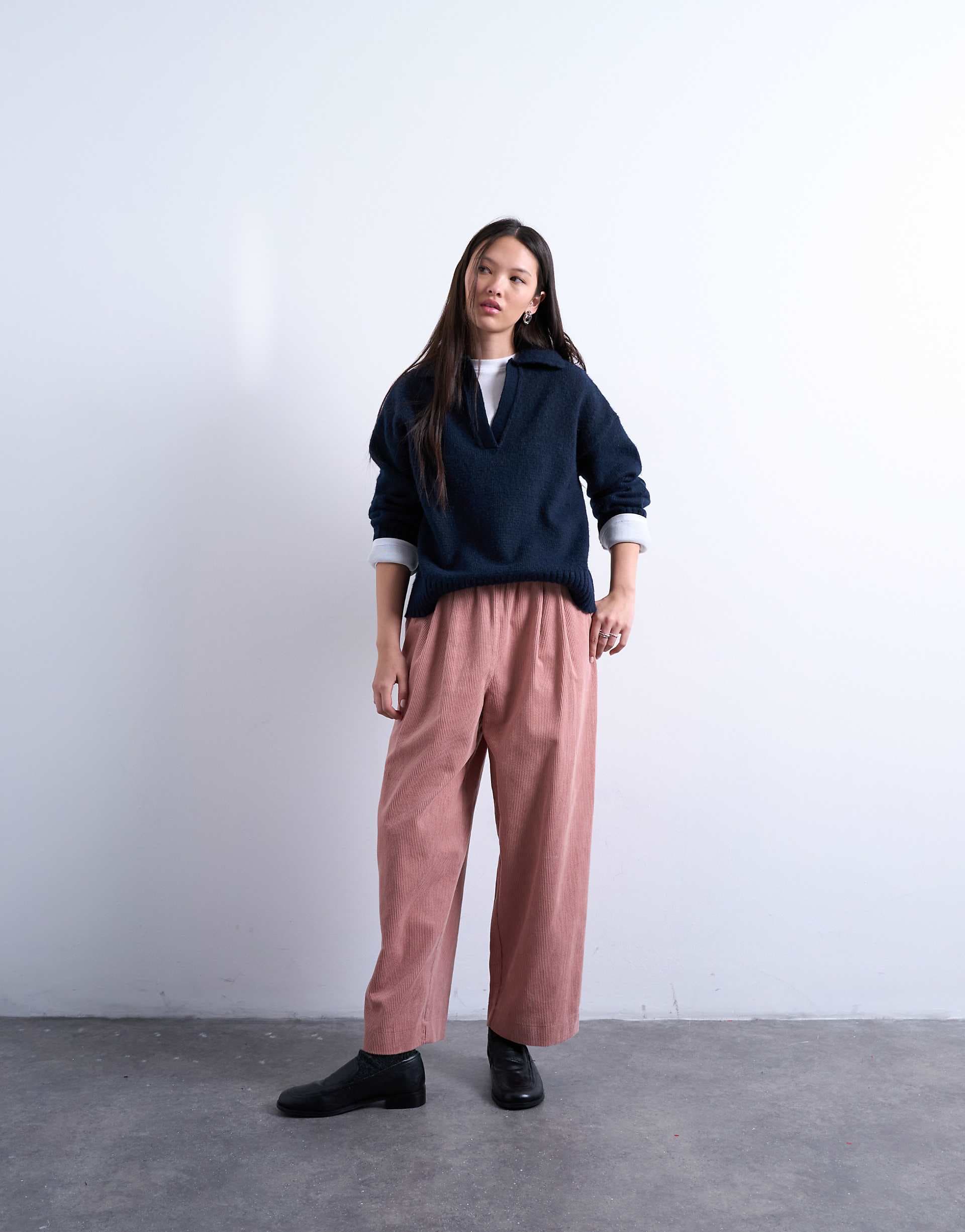 Topshop corduroy wide leg awkward length pants in pink
