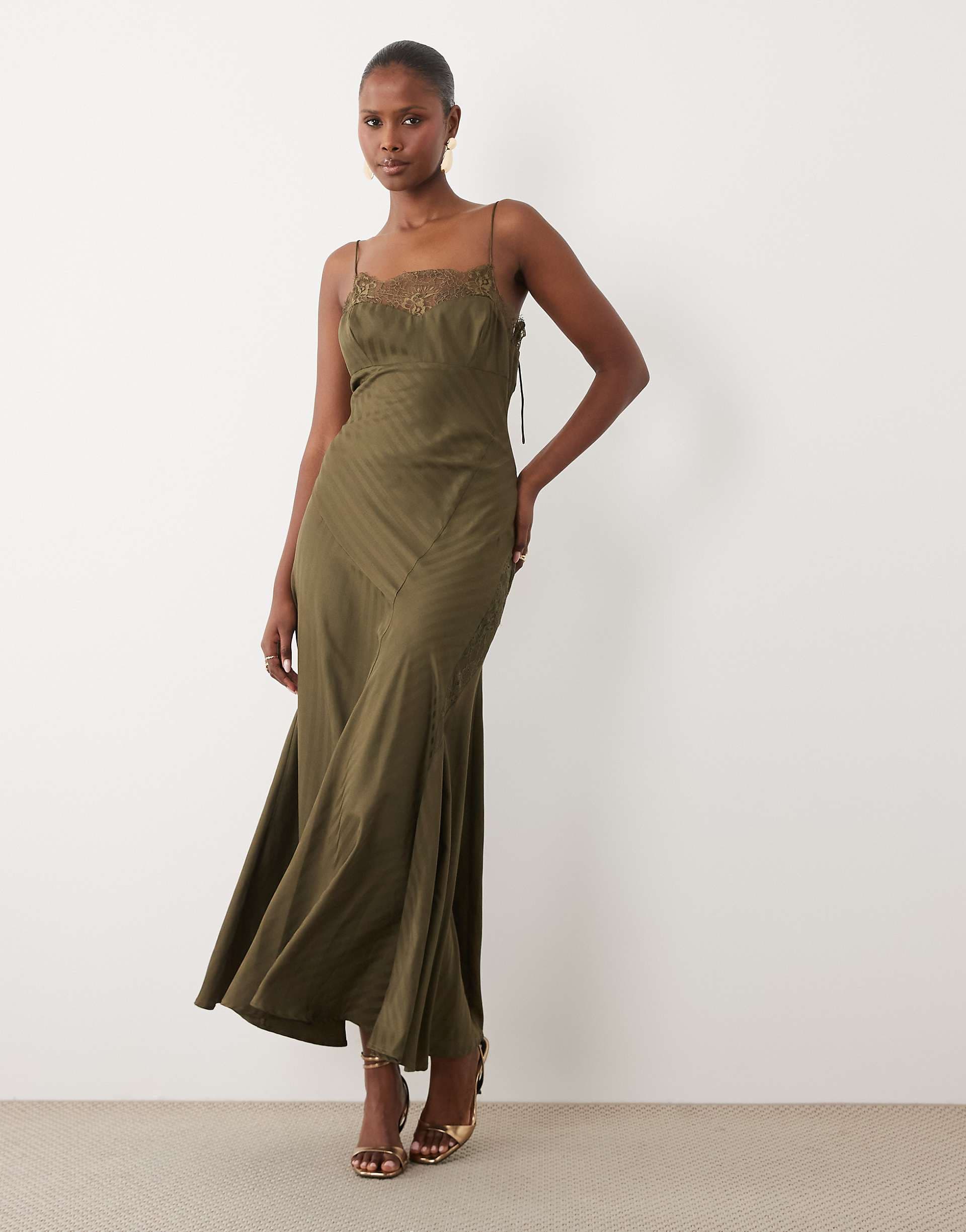 ASOS DESIGN striped satin cami slip maxi dress with lace trim in dark olive