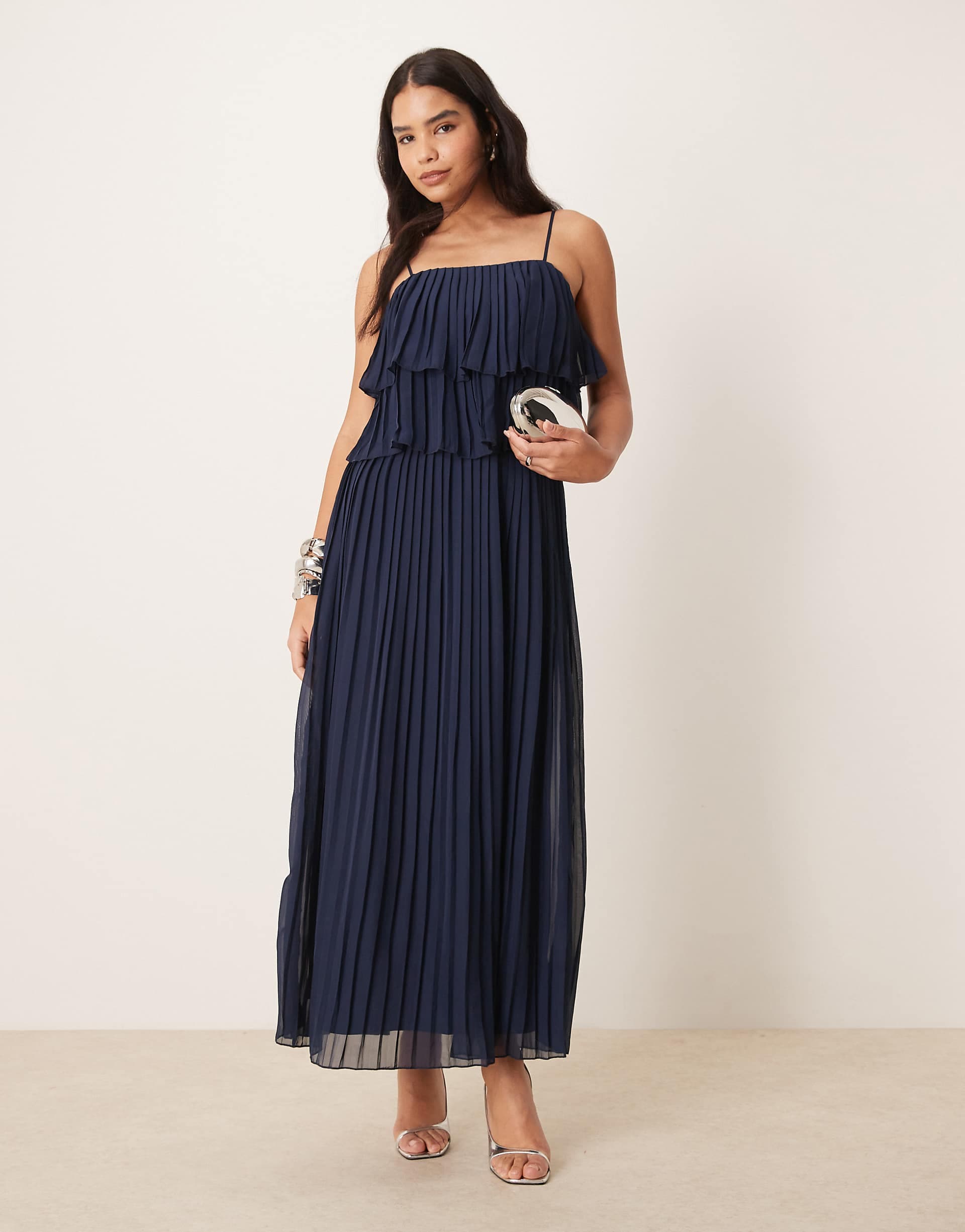VILA pleated ruffle layer cami maxi dress in navy