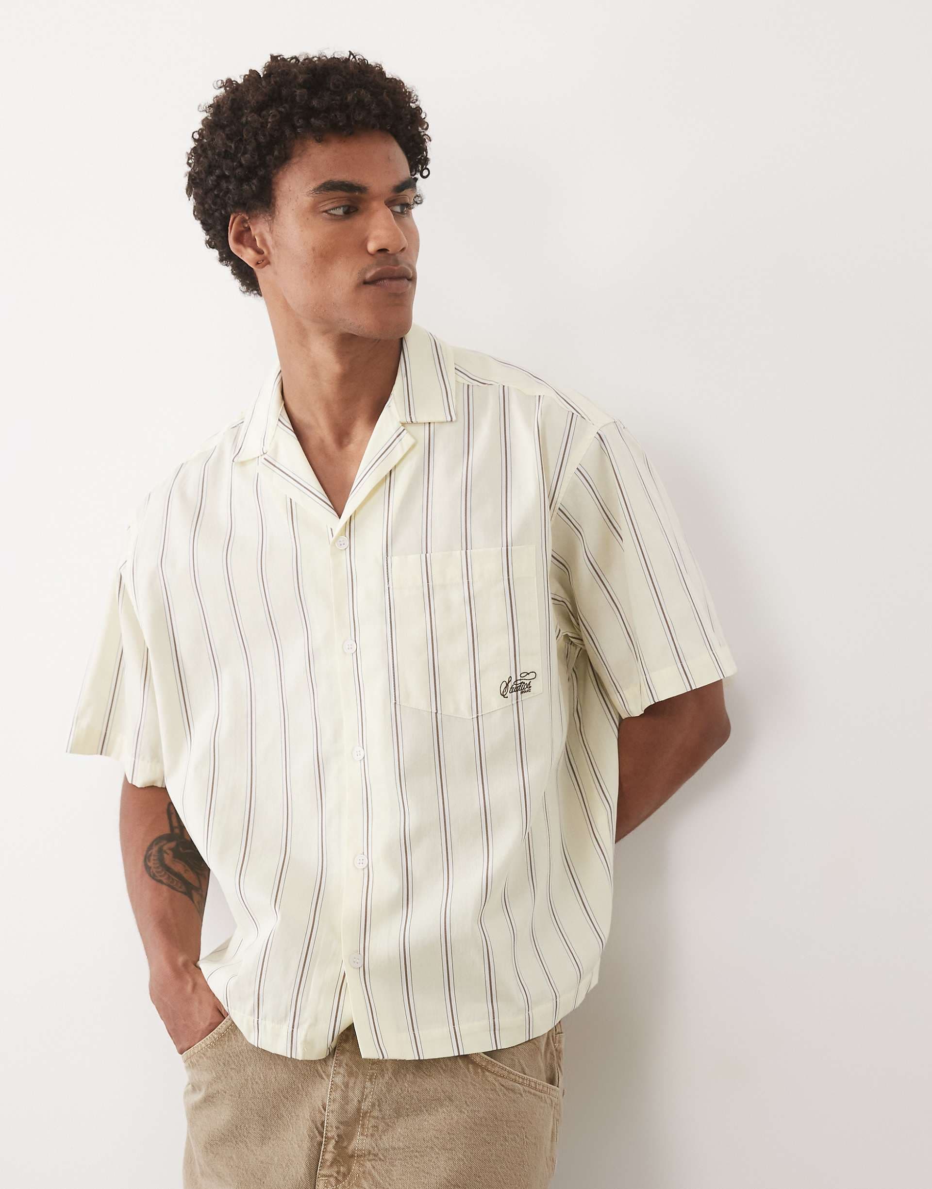 ASOS DESIGN boxy oversized striped poplin camp collar shirt with embroidery in yellow