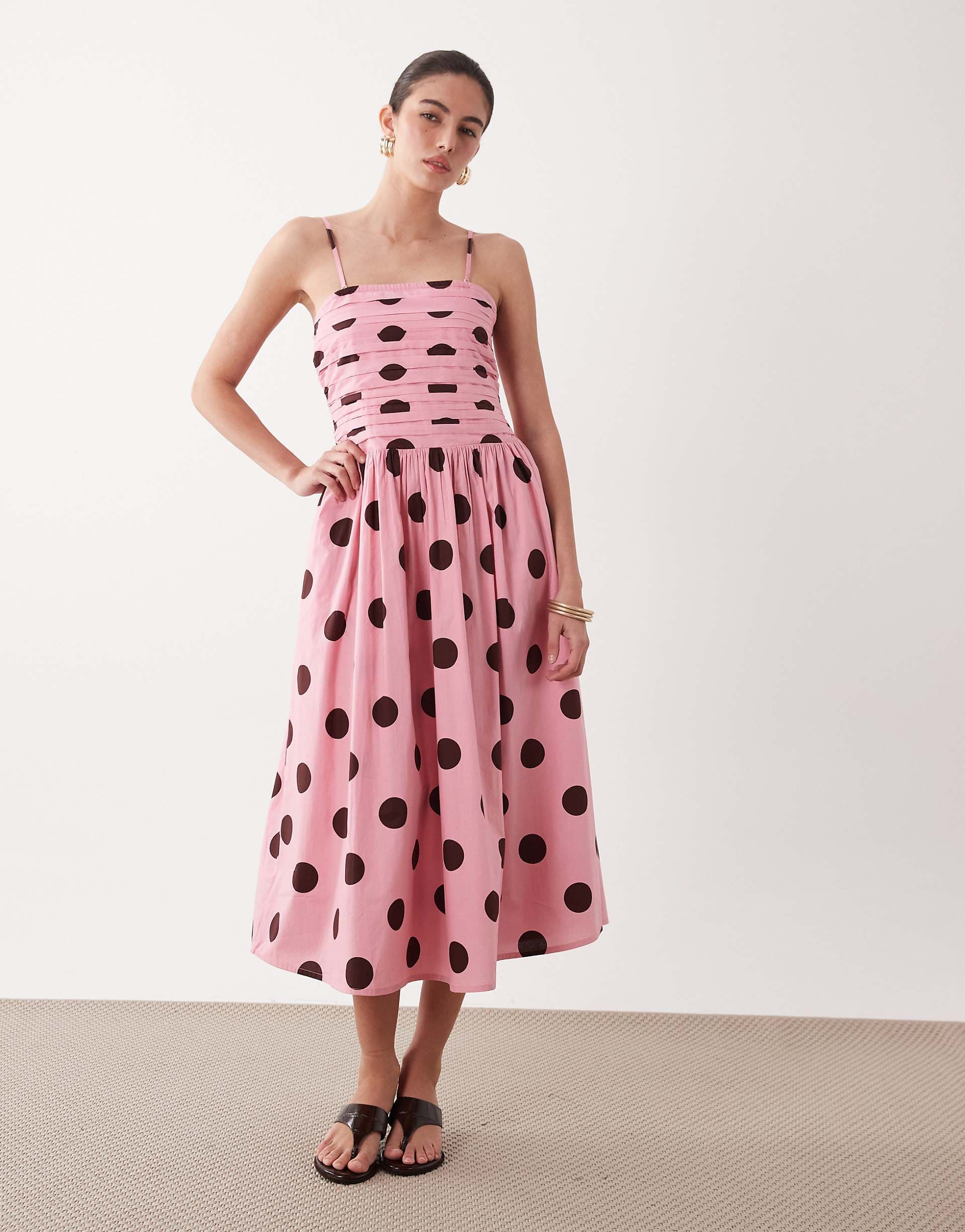 Nobody's Child Felicity pleated bust cotton cami midi dress in pink and brown polka dots