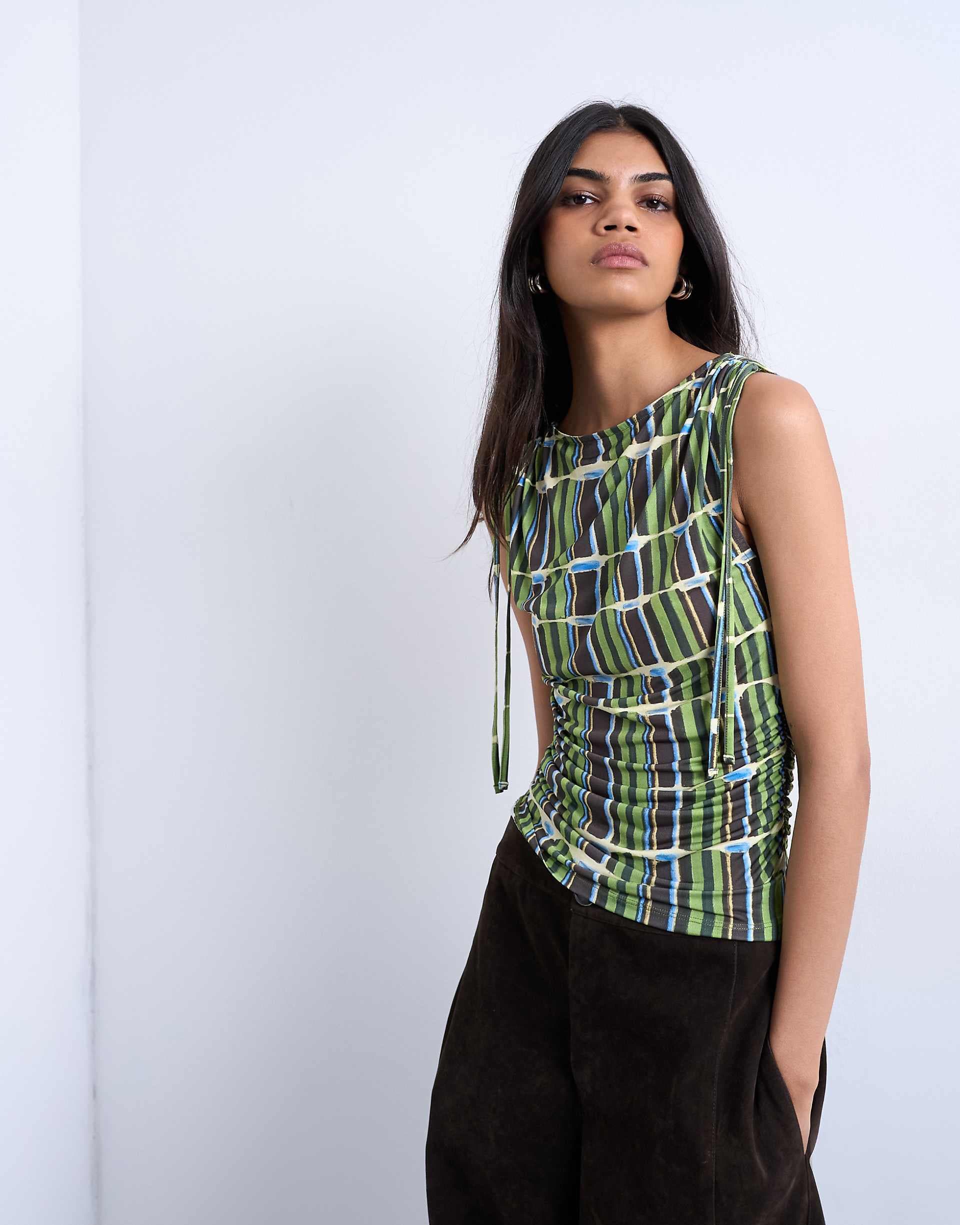 Topshop plaid print microfiber ruched shoulder tank in green