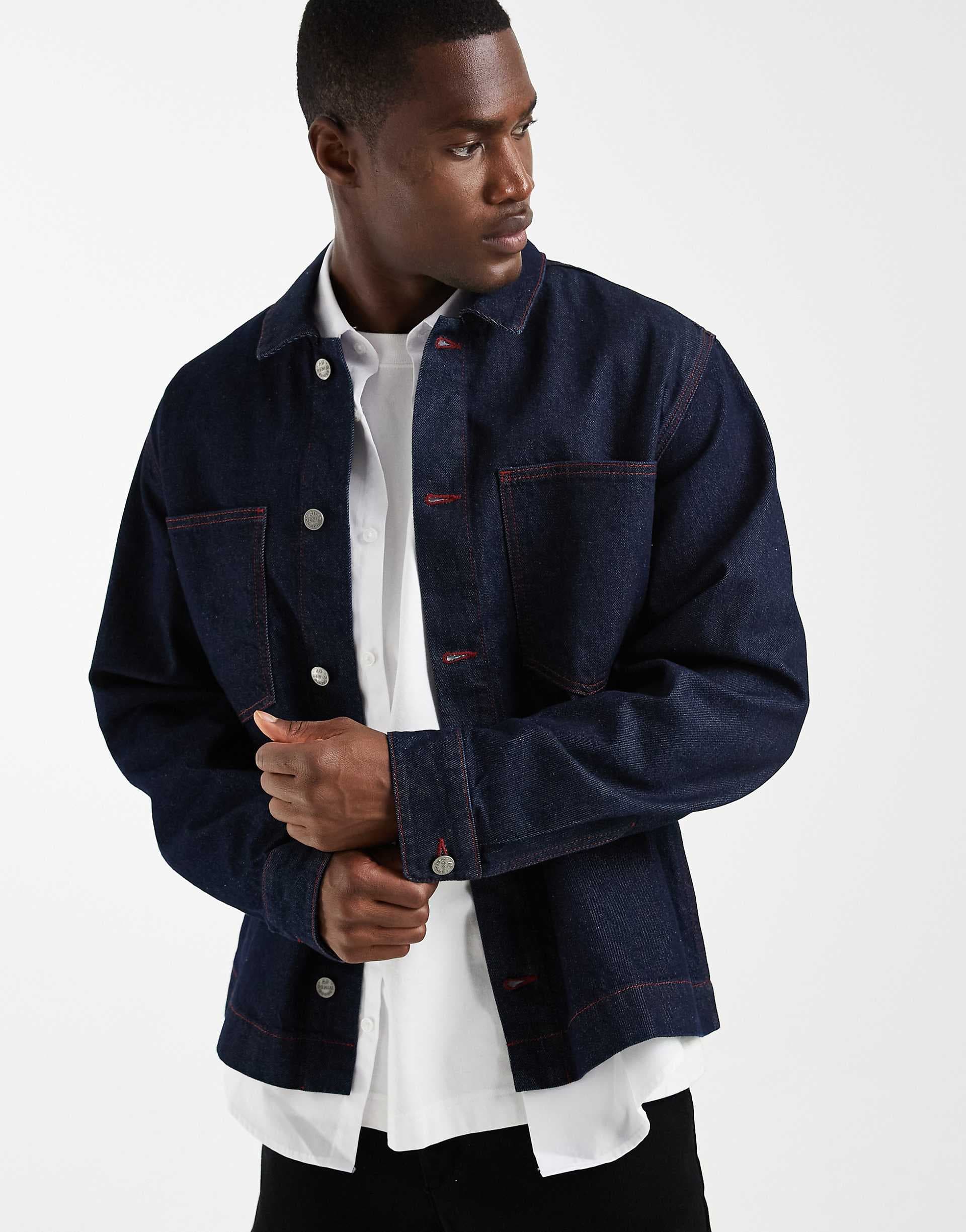 ASOS DESIGN long sleeve shirt in raw indigo denim with contrast red stitch