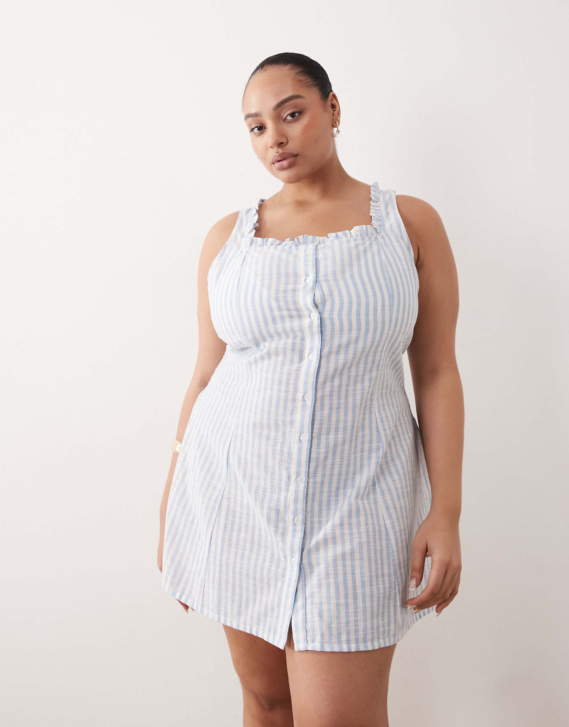 Esmée Curve beach mini dress with ruffle trim in blue & white stripes
