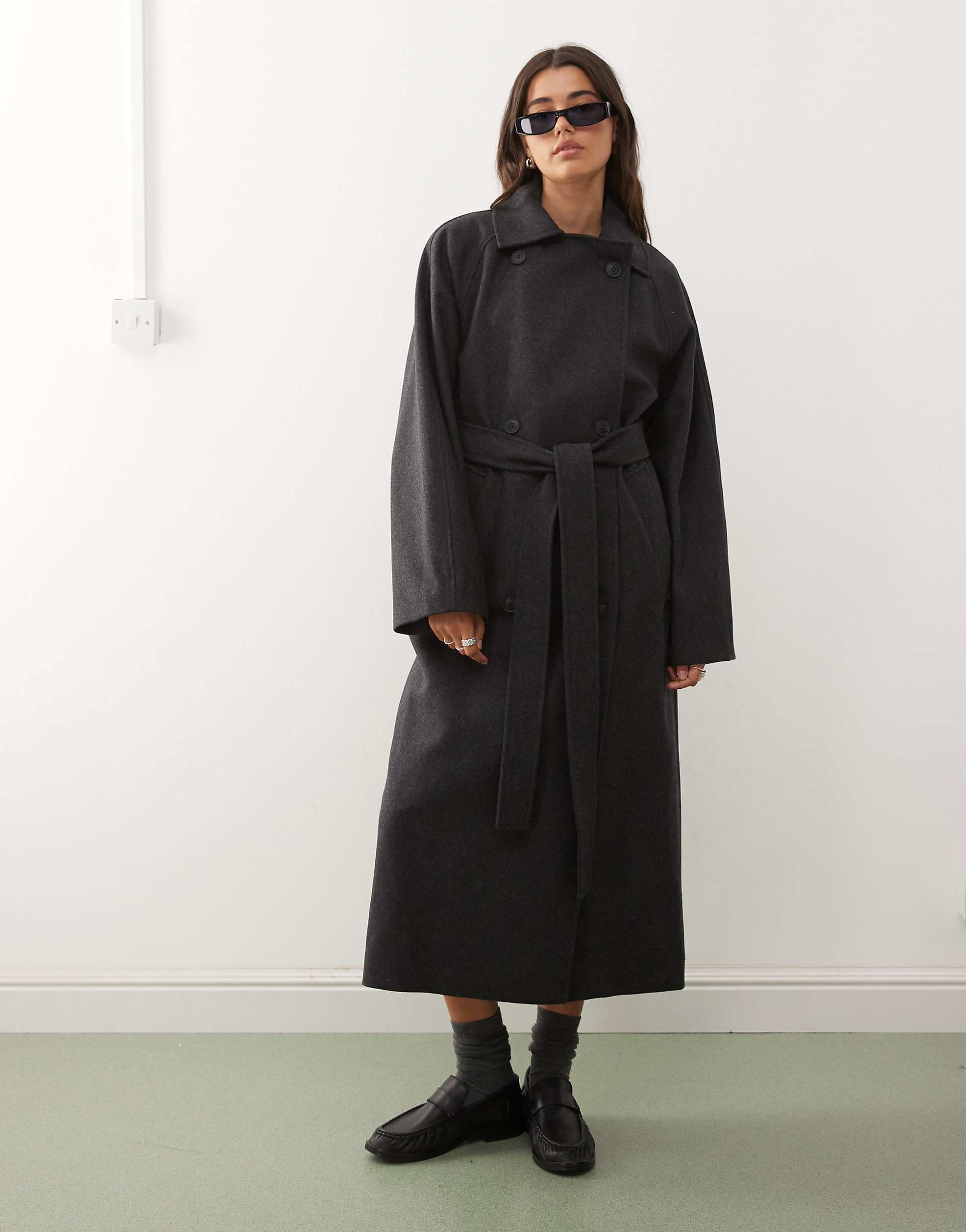 Weekday Kia wool blend oversized coat with double button and tie waist detail in dark heather gray