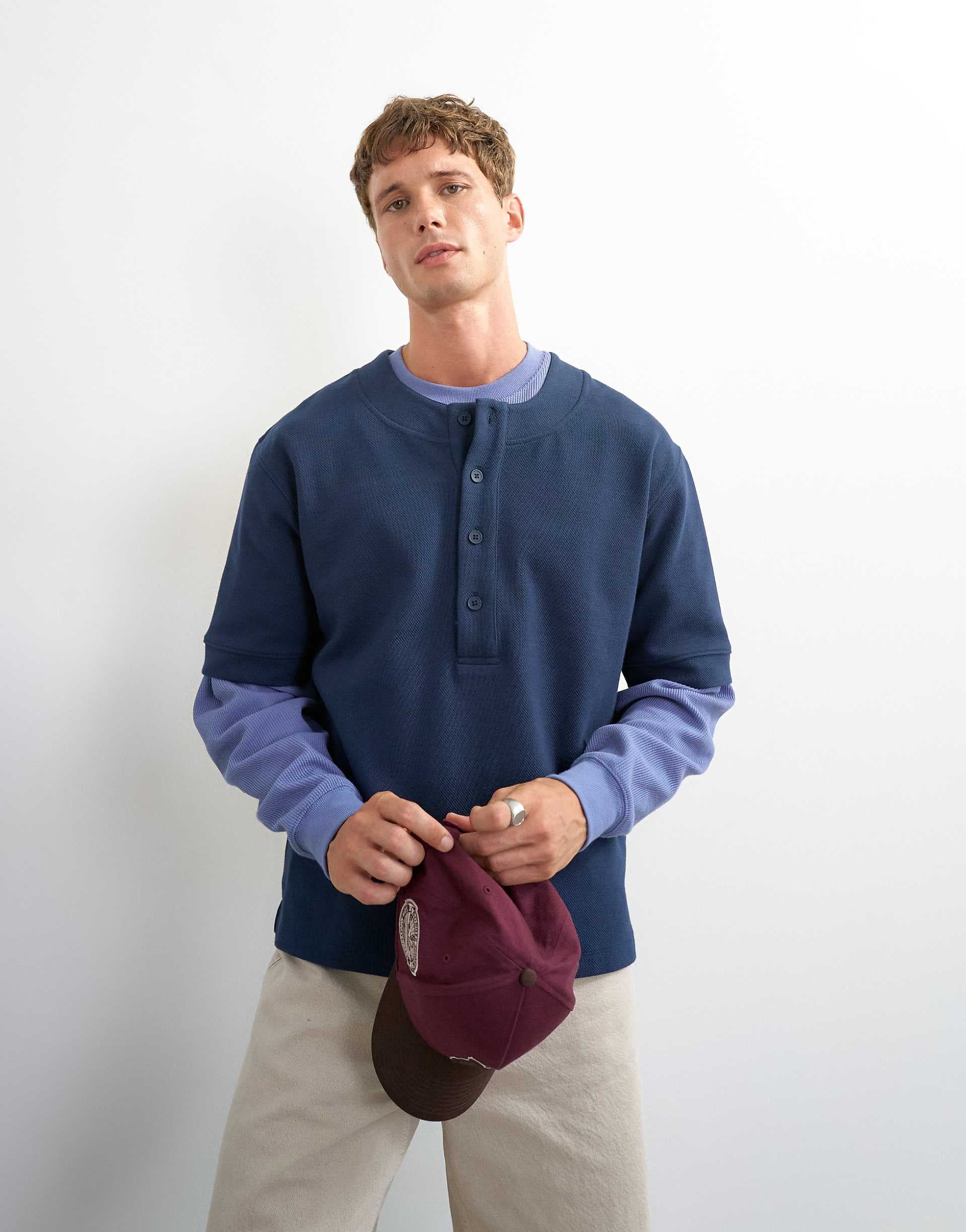 Topman relaxed fit jersey twill baseball henley shirt in navy