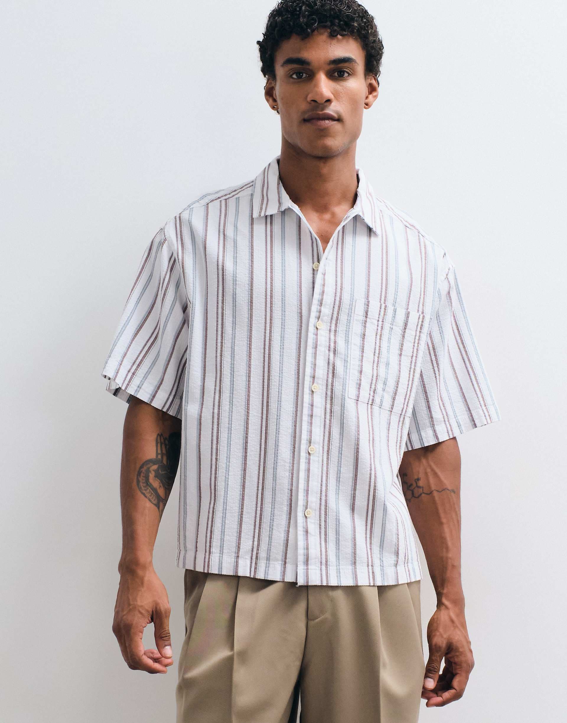 ASOS DESIGN boxy oversized textured striped shirt in blue