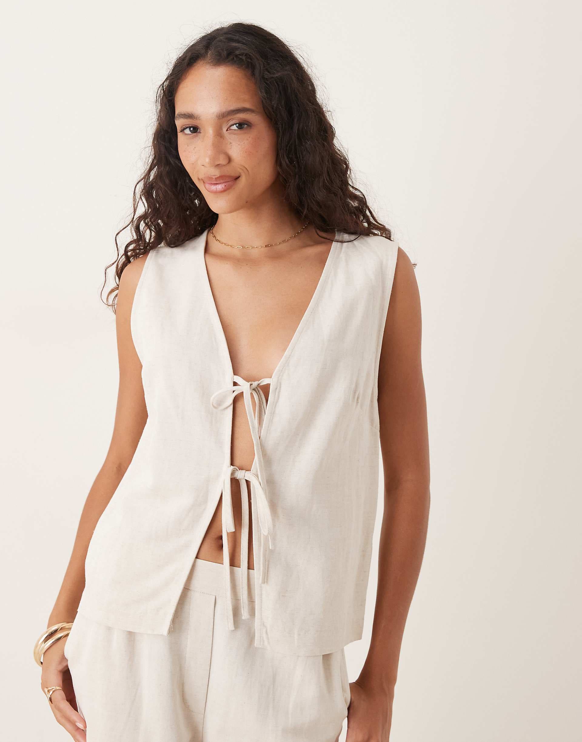 ASOS DESIGN tie front linen blend vest in natural - part of a set