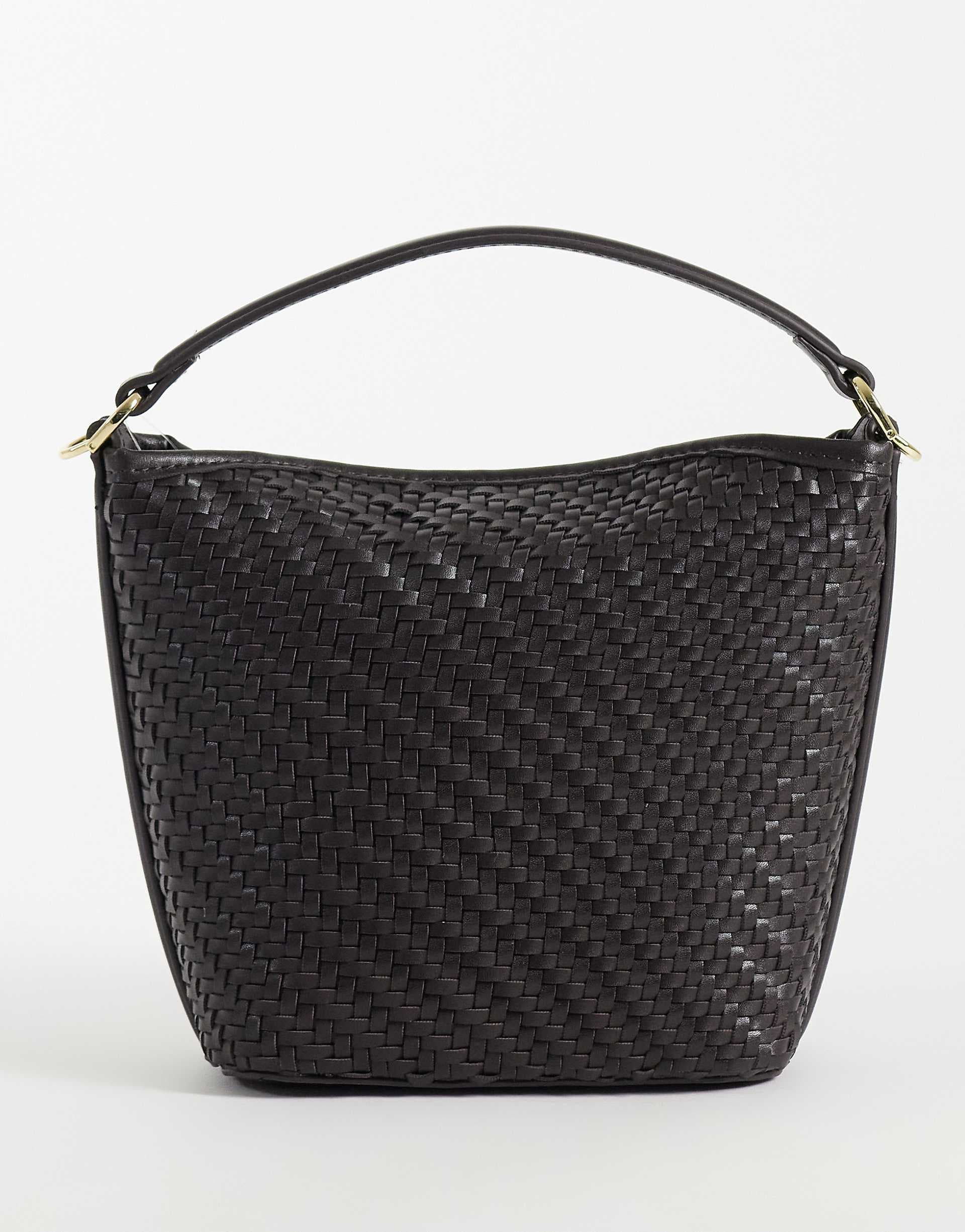 Mango small woven bucket bag in brown