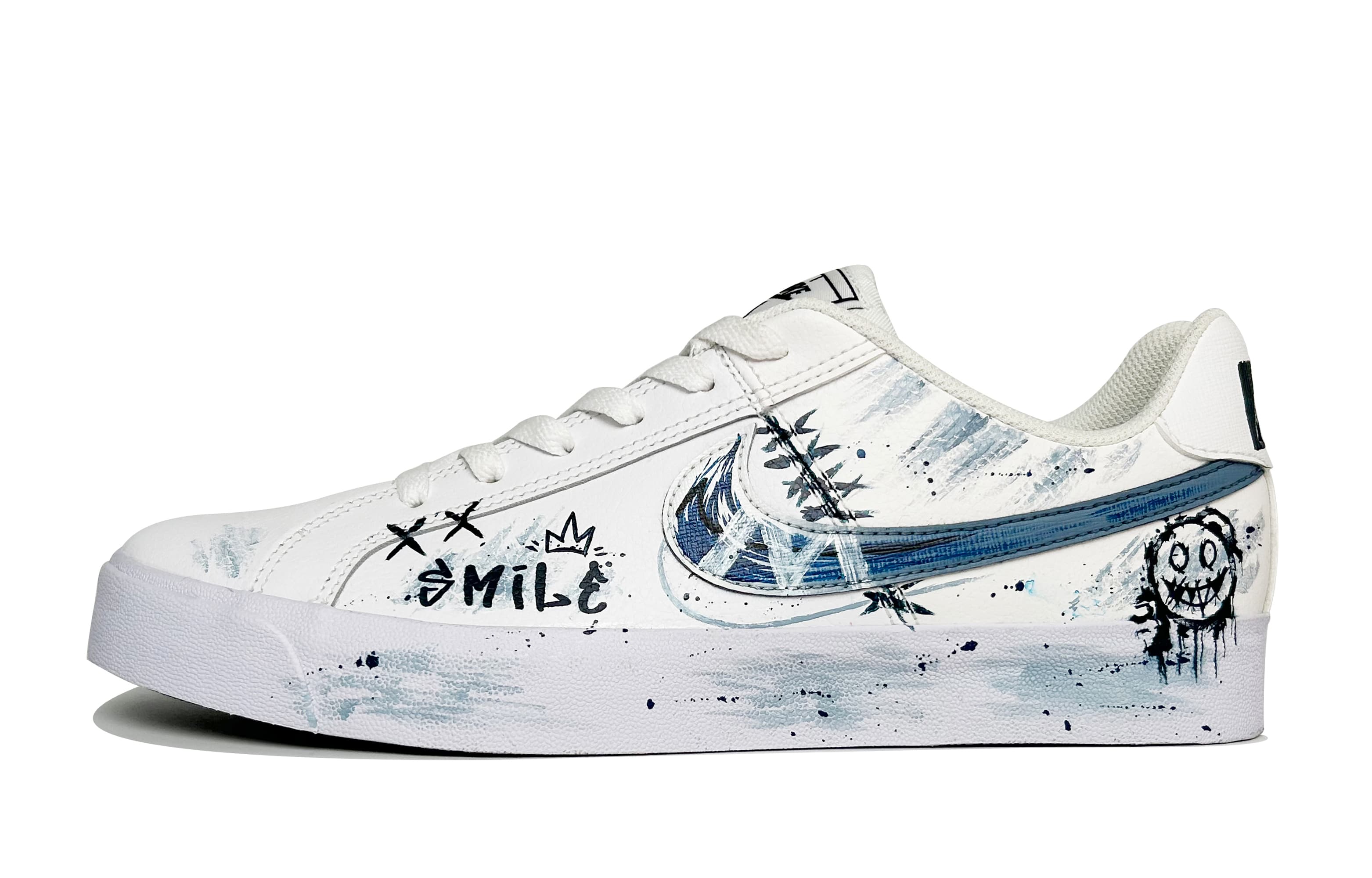 Custom SneakersNike Court Royale AC Graffiti Smiley Face Hand-Painted Color Splash Casual Versatile Durable Low-Top Skate Shoes Unisex Blue White