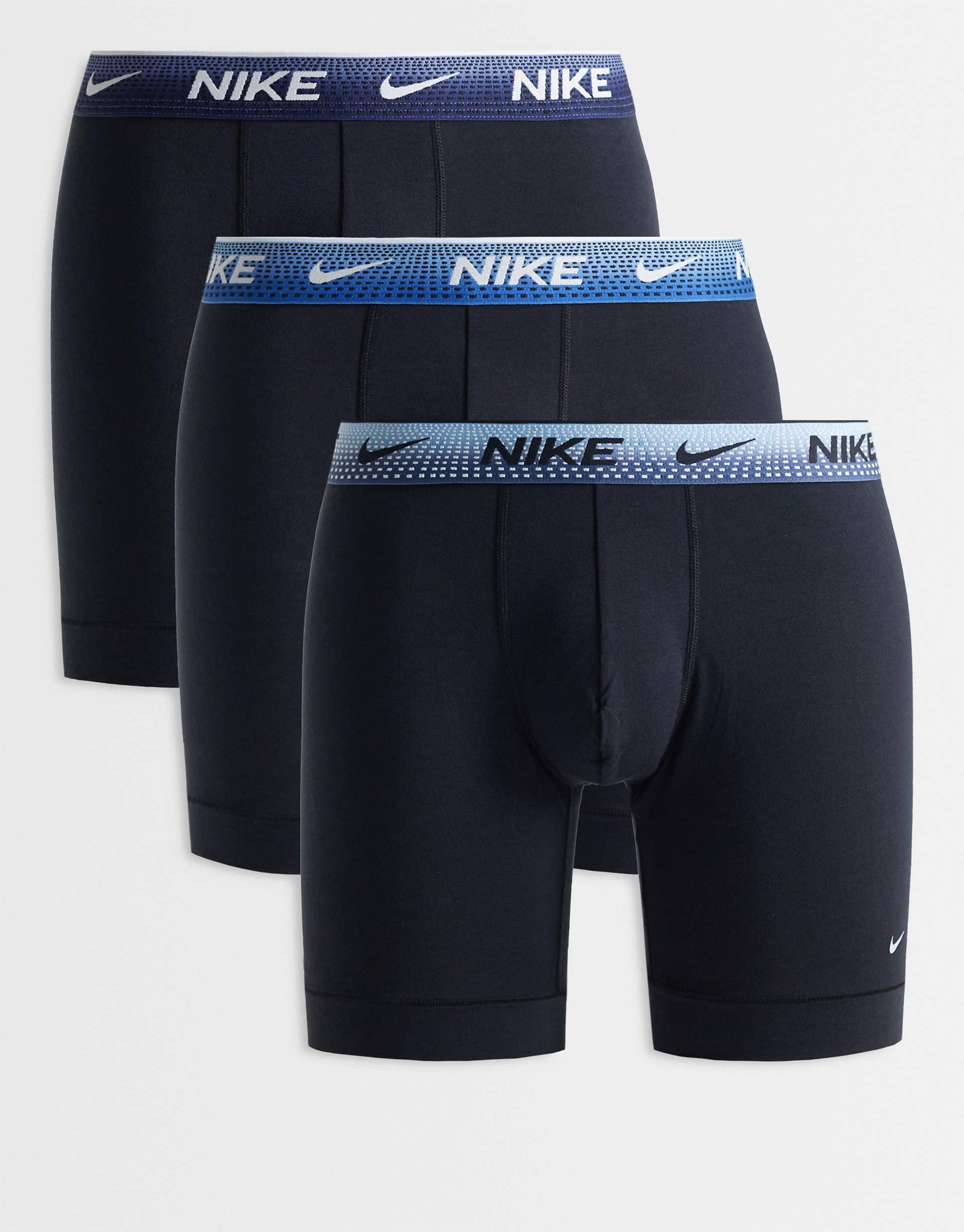 Nike Essential Cotton 3 pack boxer briefs in blue with blue/purple waistbands