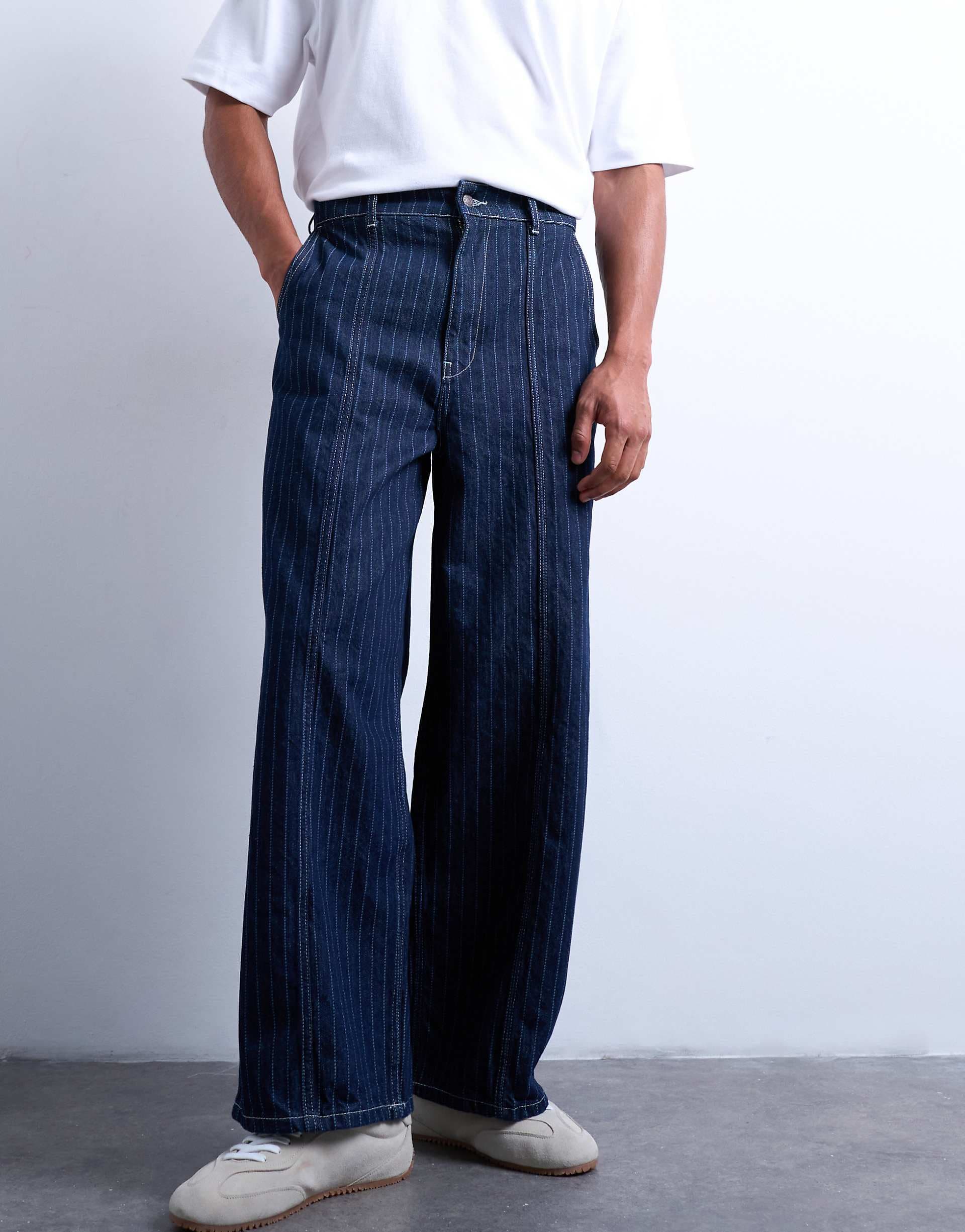 Topman wide leg jeans with seam detailing in stripes