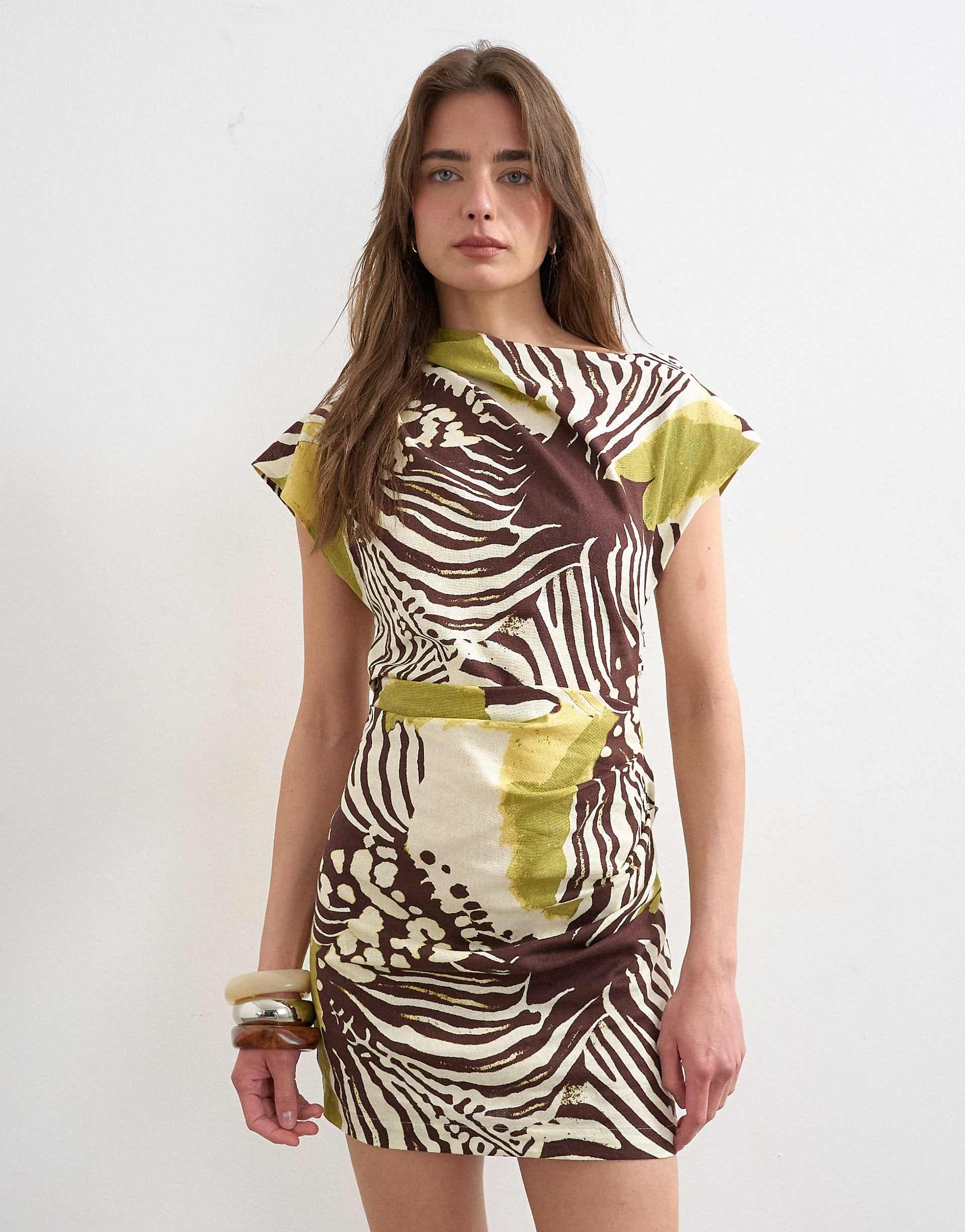 Topshop linen rich drape asymmetric mini dress in khaki and brown abstract animal print
