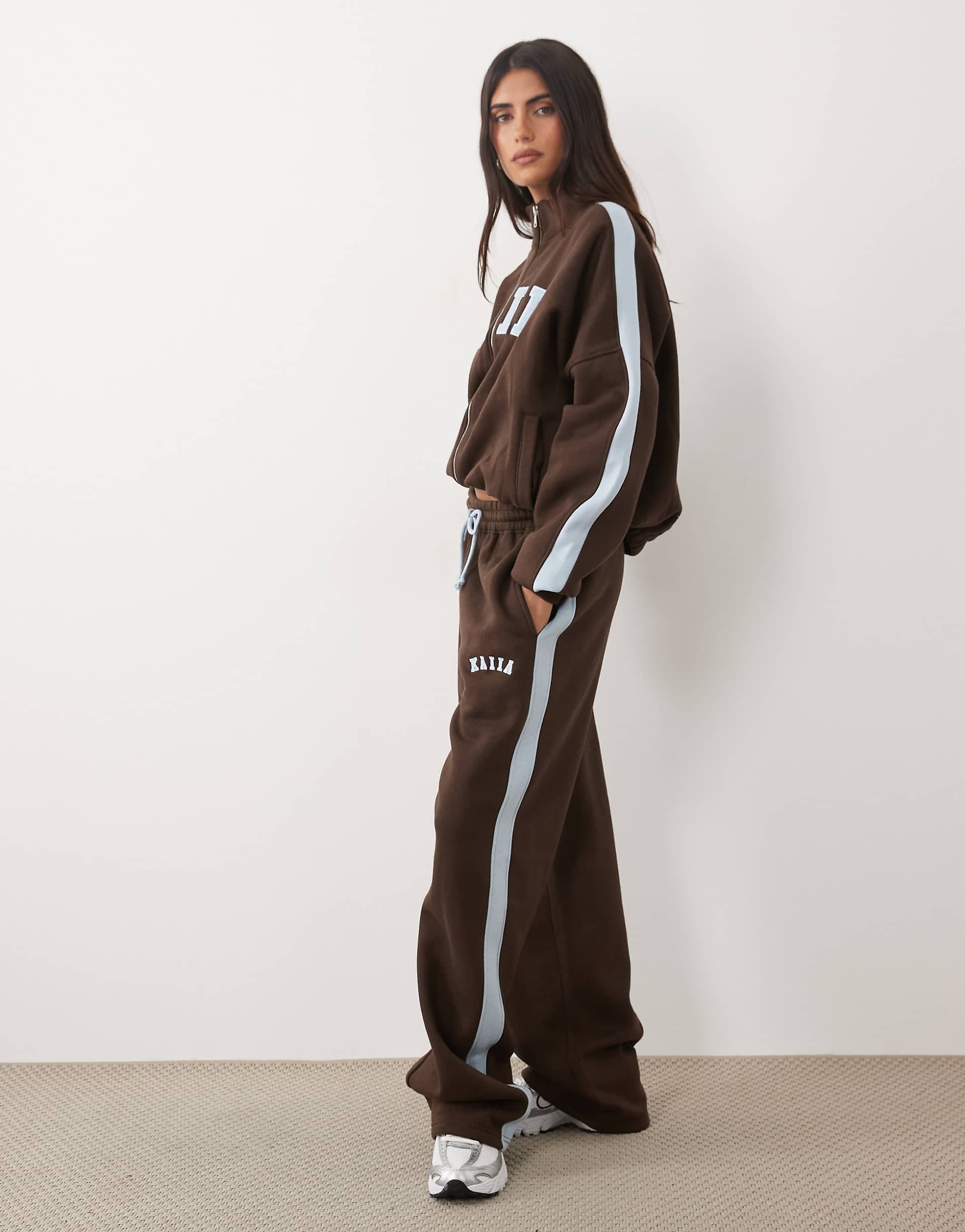 Kaiia cotton rich embroidered logo detail wide leg sweatpants in chocolate and baby blue - part of a set