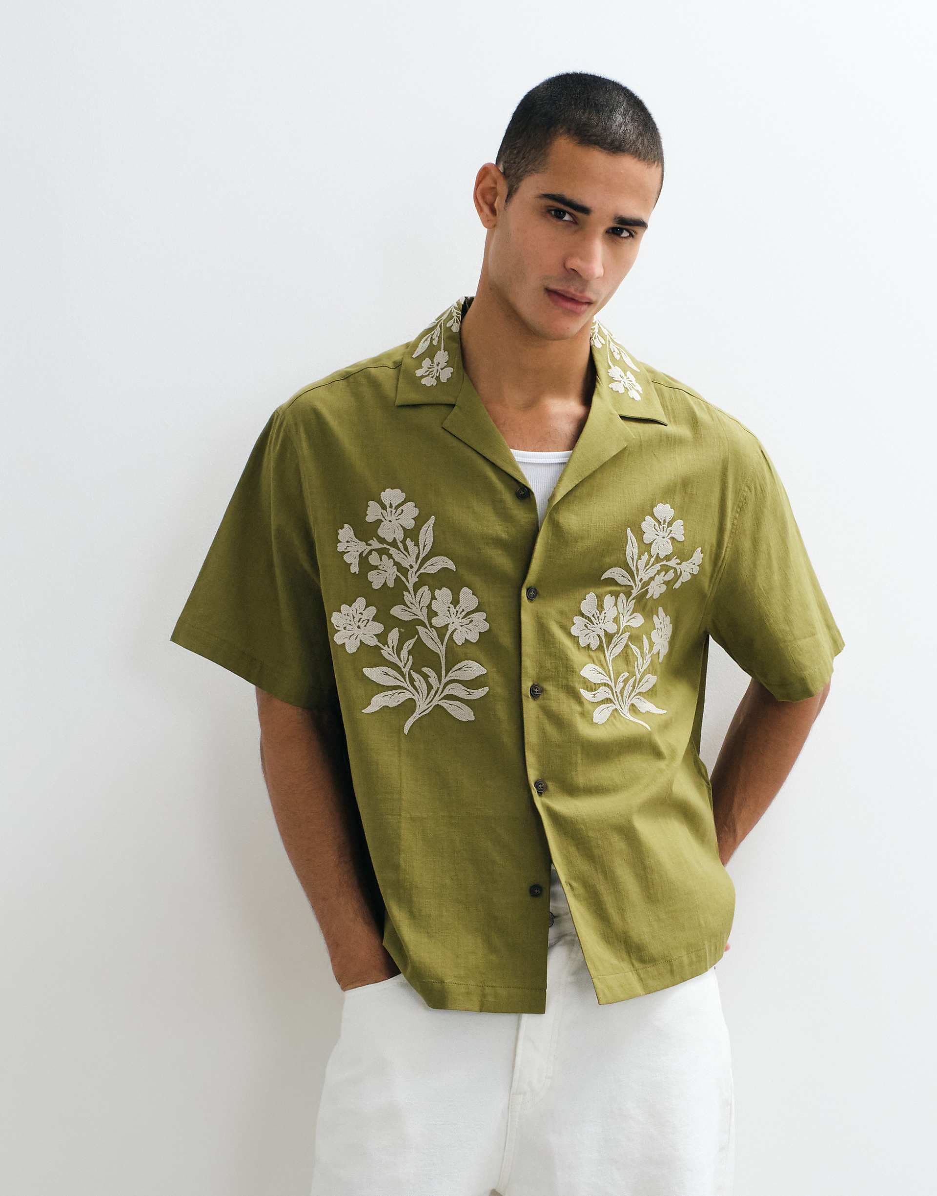 ASOS DESIGN oversized shirt with floral embroidery in khaki
