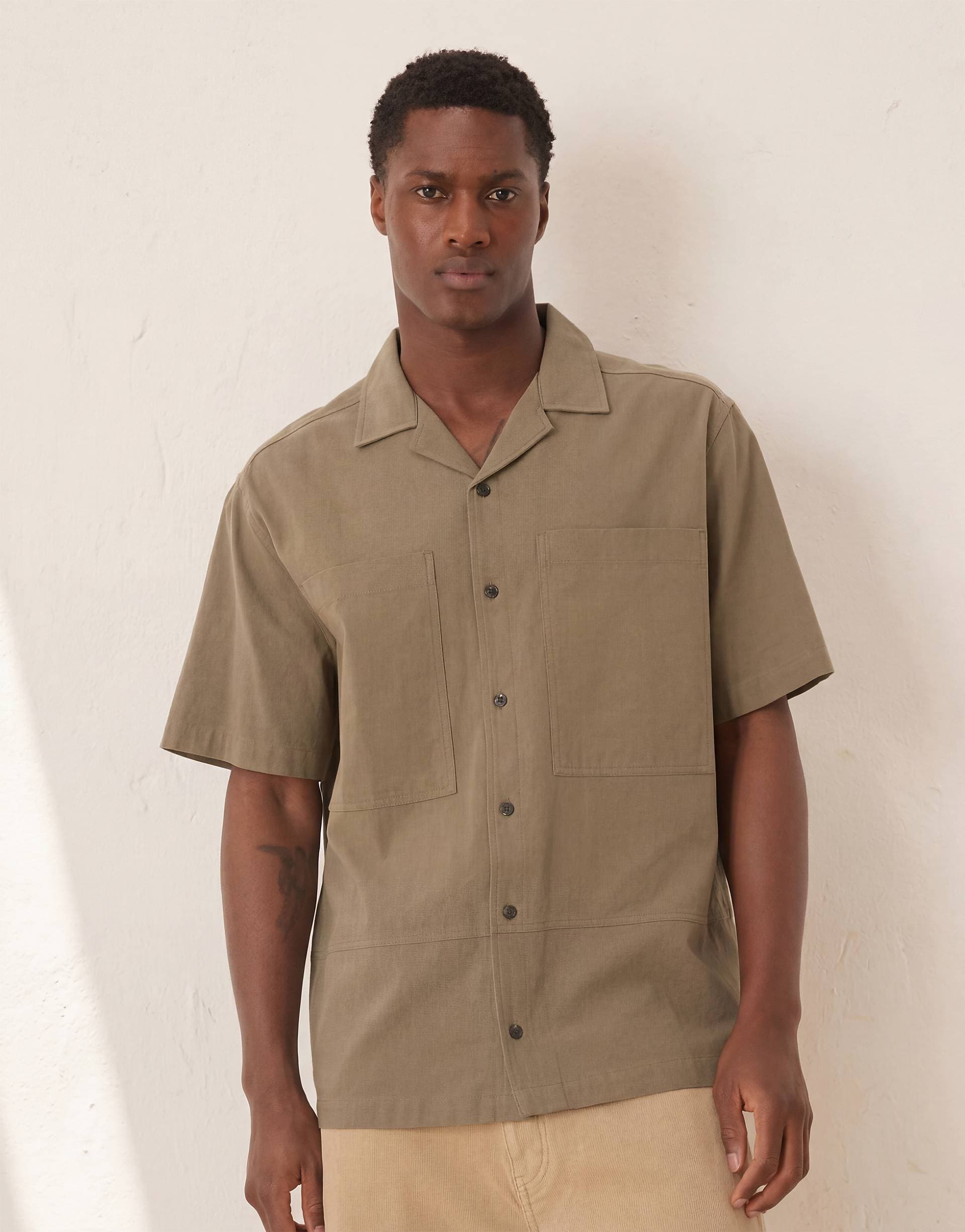 ASOS DESIGN relaxed revere cotton shirt with chest pocket detail in khaki