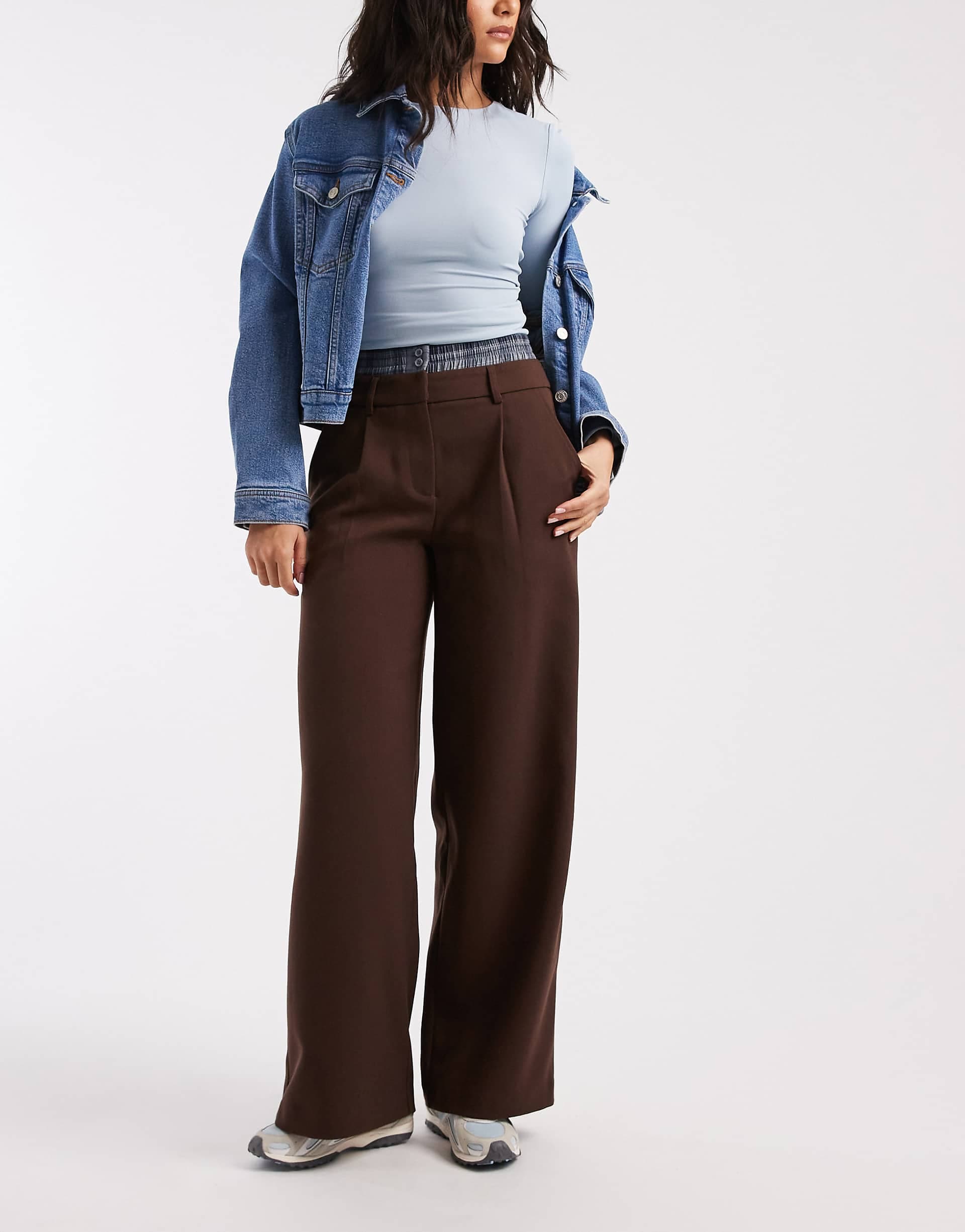 4th & Reckless exclusive check waistband detail wide leg tailored pants in chocolate