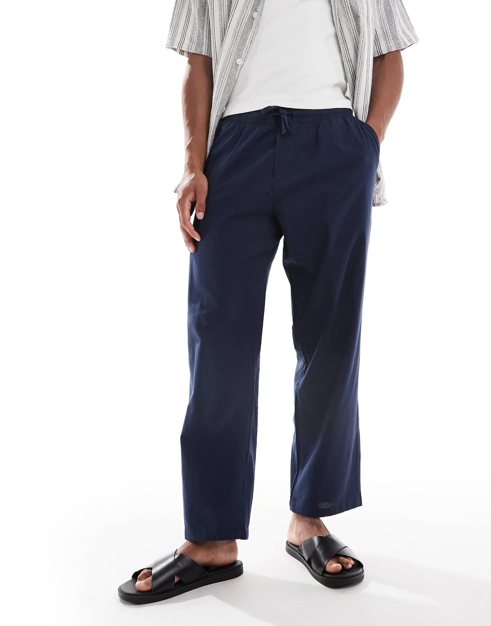 Jack & Jones loose fit linen mix pants in navy