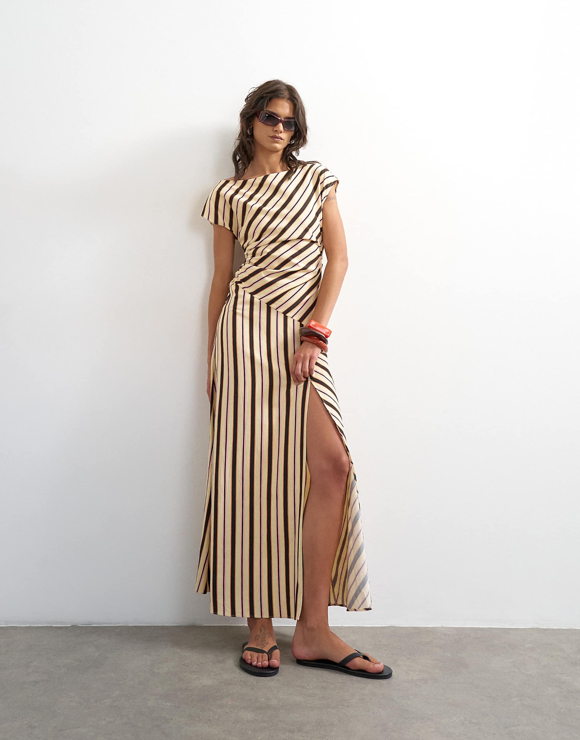 Topshop linen rich fallen shoulder midaxi dress in natural stripes