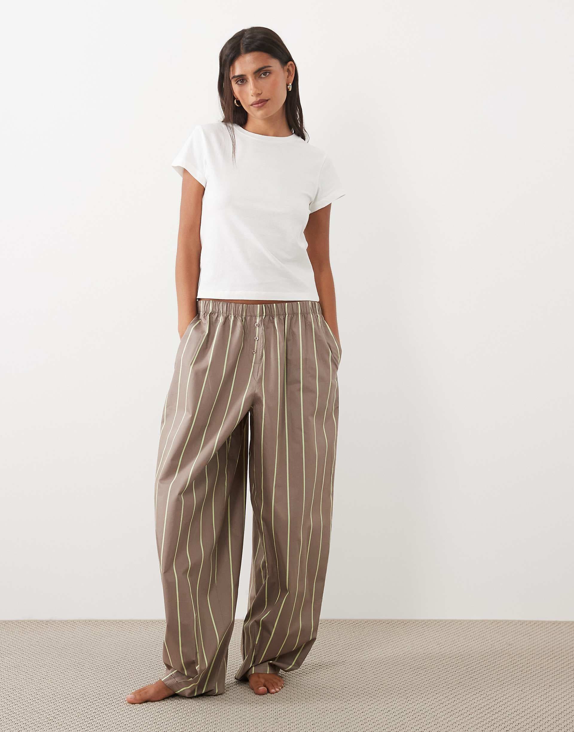 ASOS DESIGN tee with contrast stitch back detail & woven pants pajama set in brown