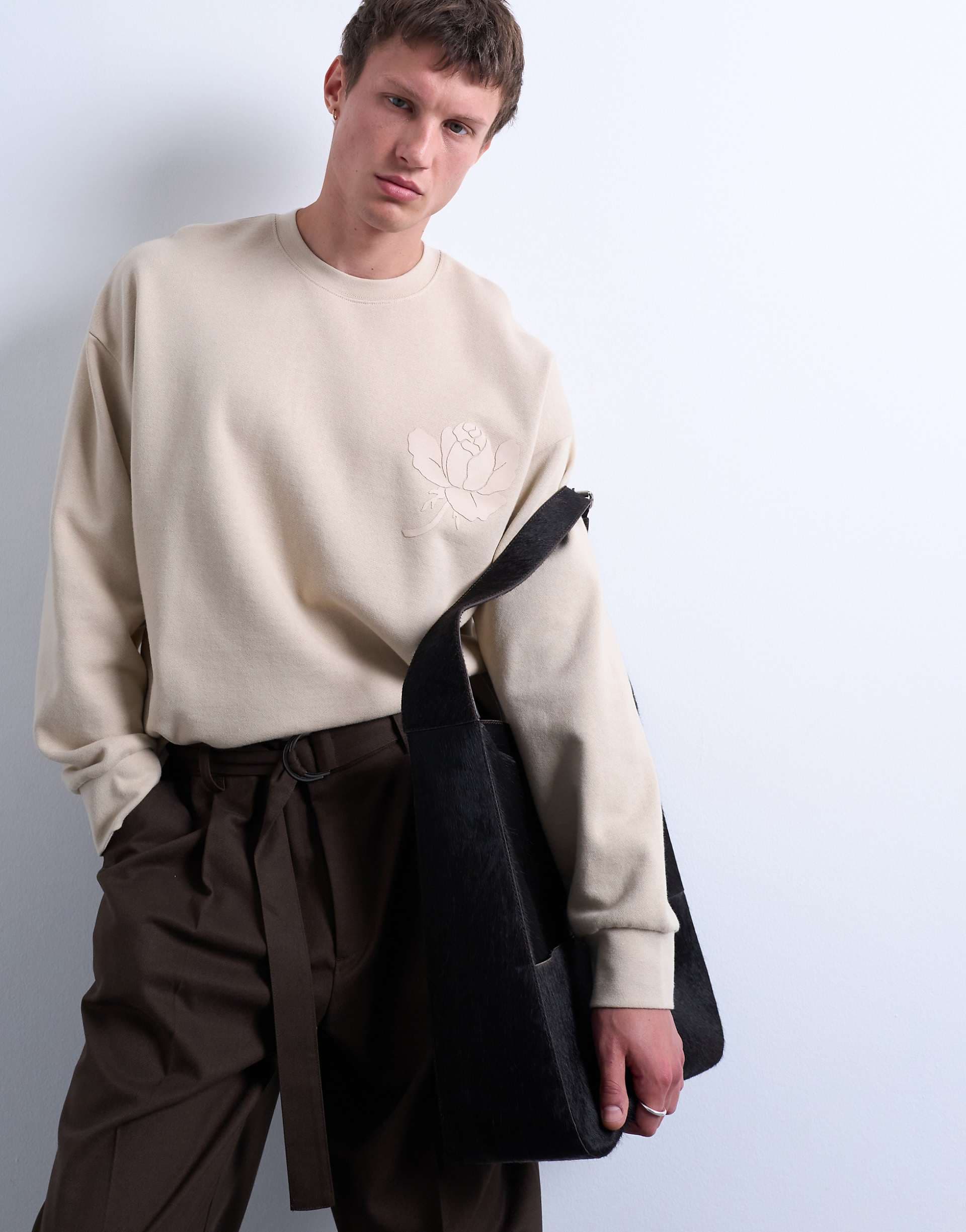 Topman oversized fit sweatshirt with raised floral print in stone