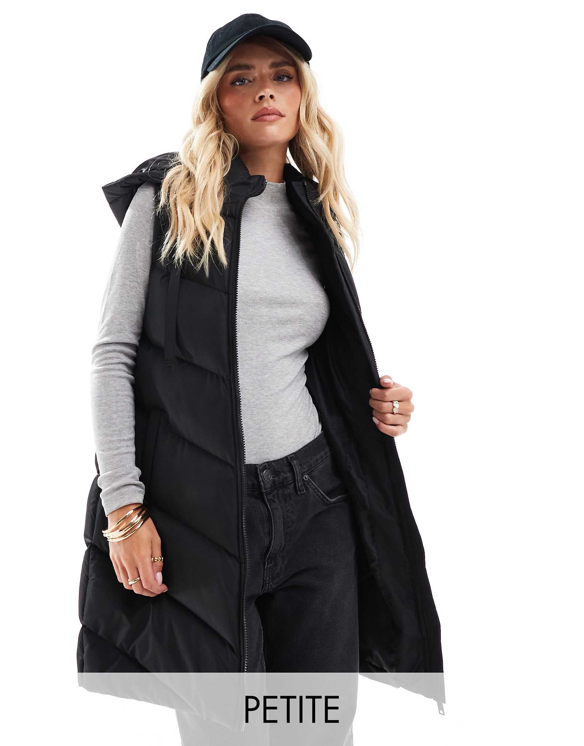 Threadbare Petite longline padded vest with hood in black