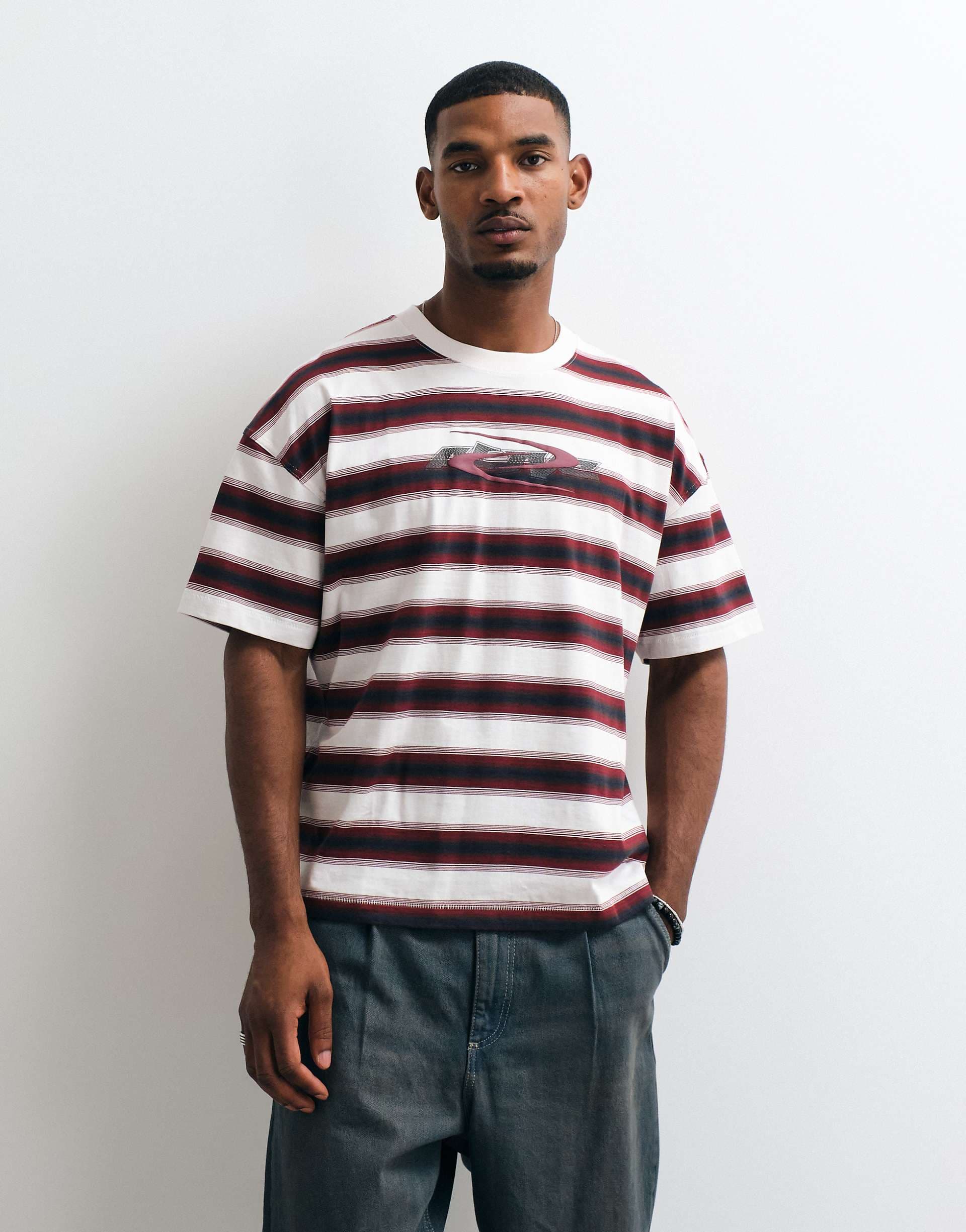 Weekday oversized T-shirt with graphic print in red and beige stripe