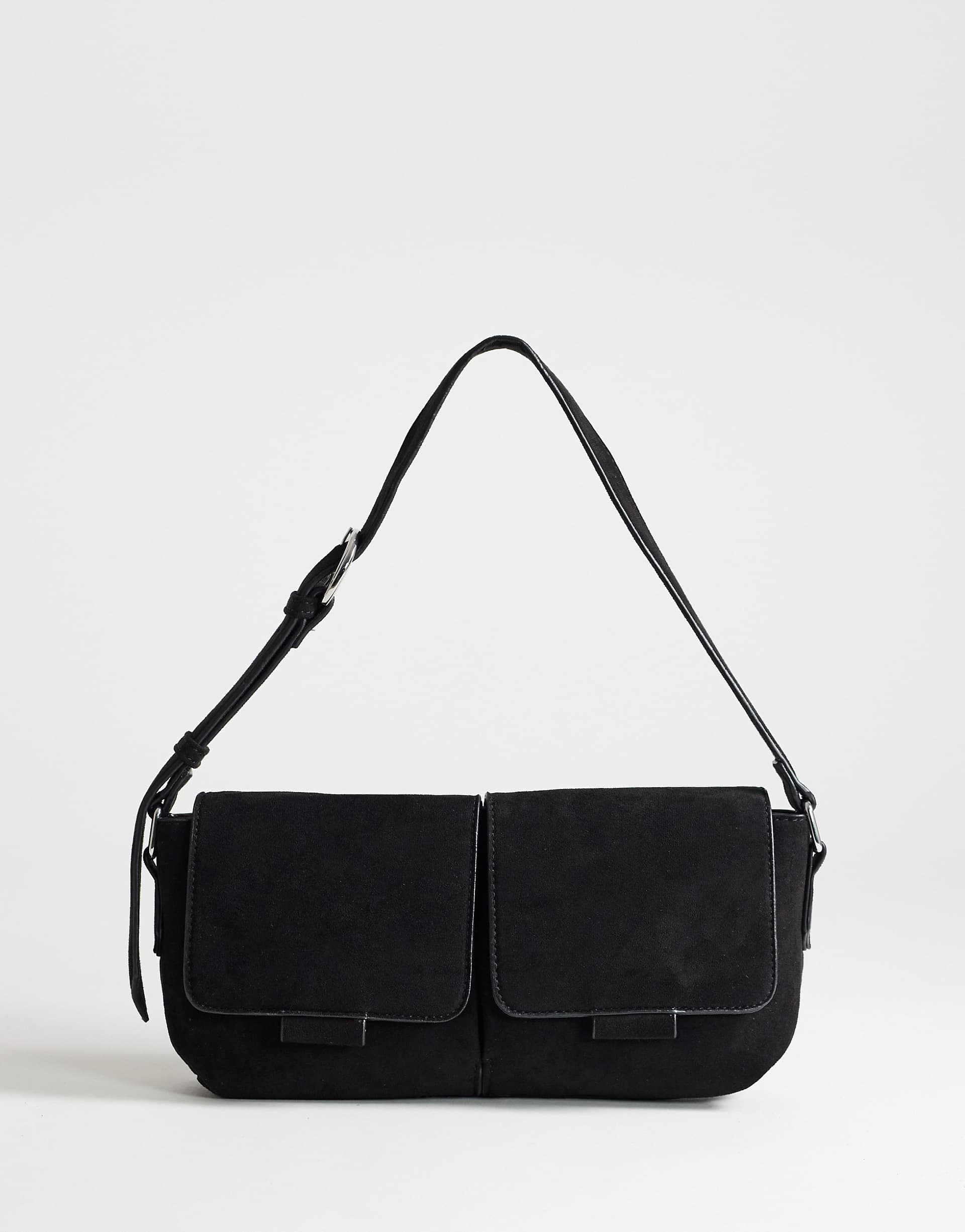 Topshop Joanie small shoulder bag with front pockets in black suedette