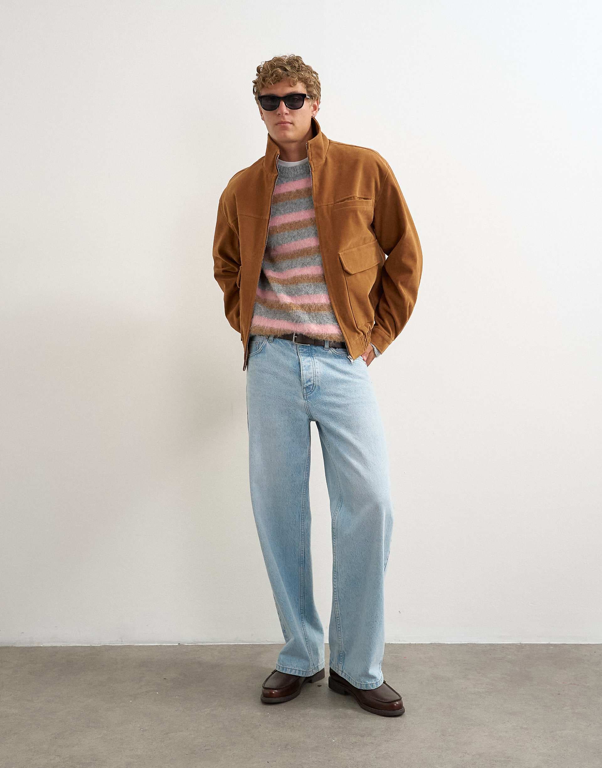 Topman relaxed fit faux suede funnel neck bomber jacket with double zip in tan