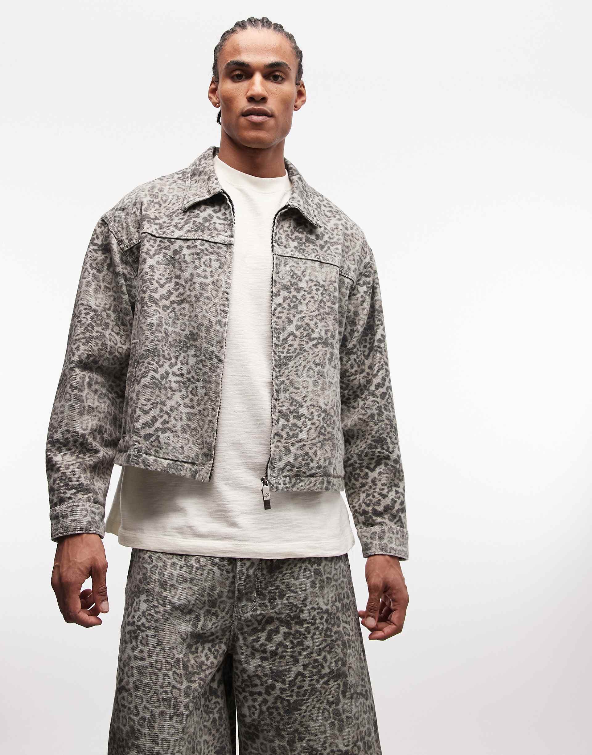 Liquor N Poker boxy denim jacket in faded leopard print - part of a set