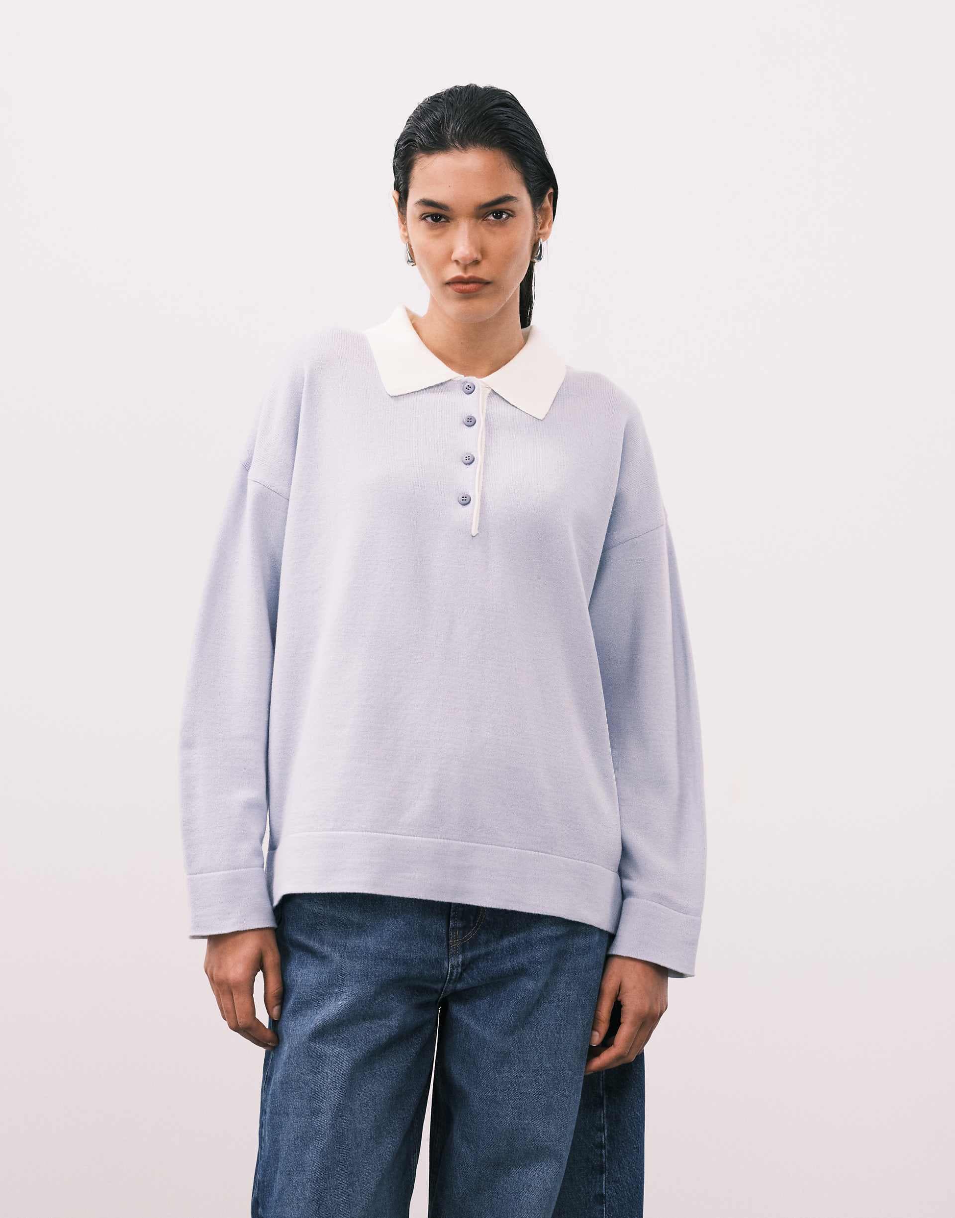 ASOS DESIGN fine knit polo with contrast collar in light blue