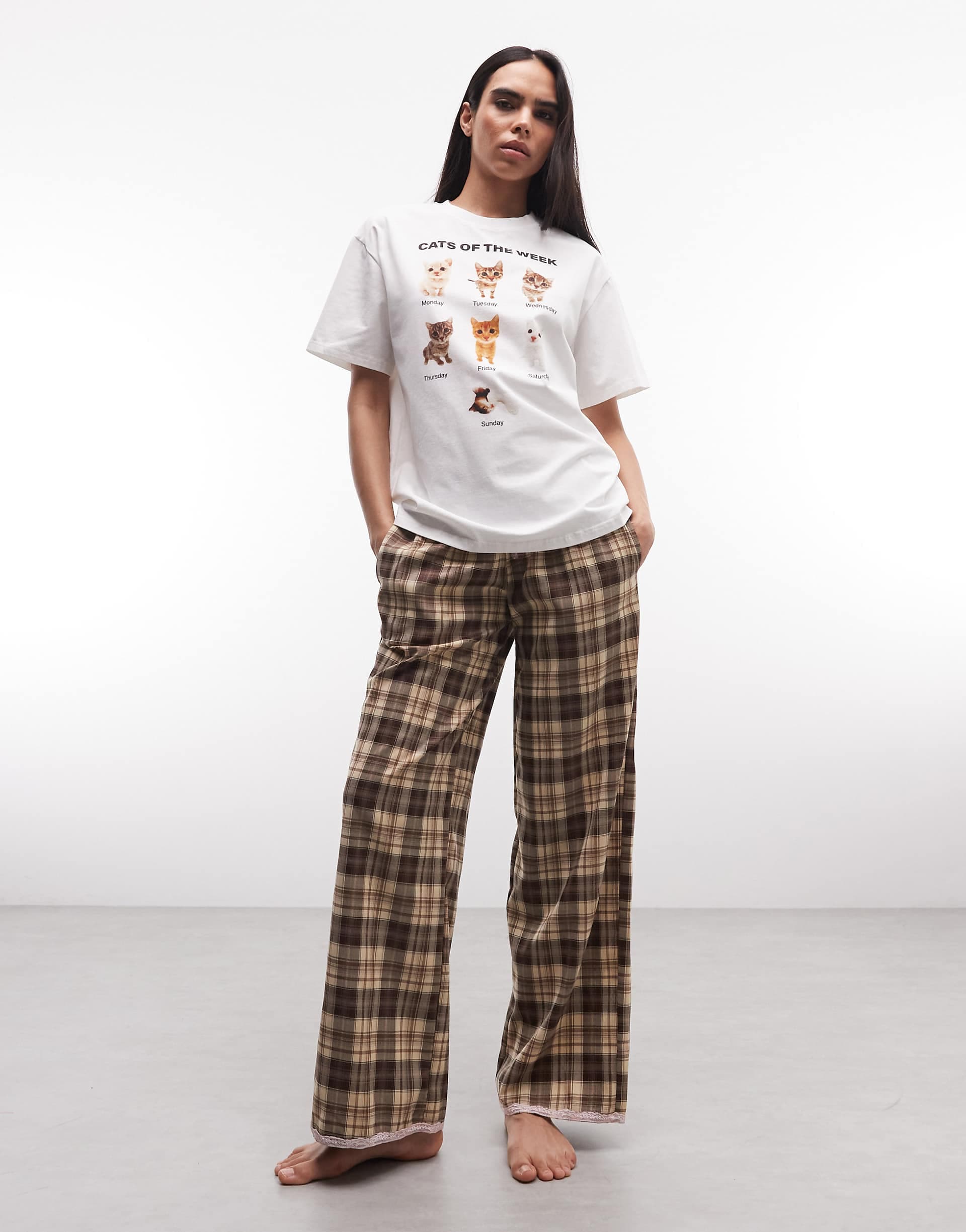 Daisy Street cats of the week pajama top and pants in multi plaid