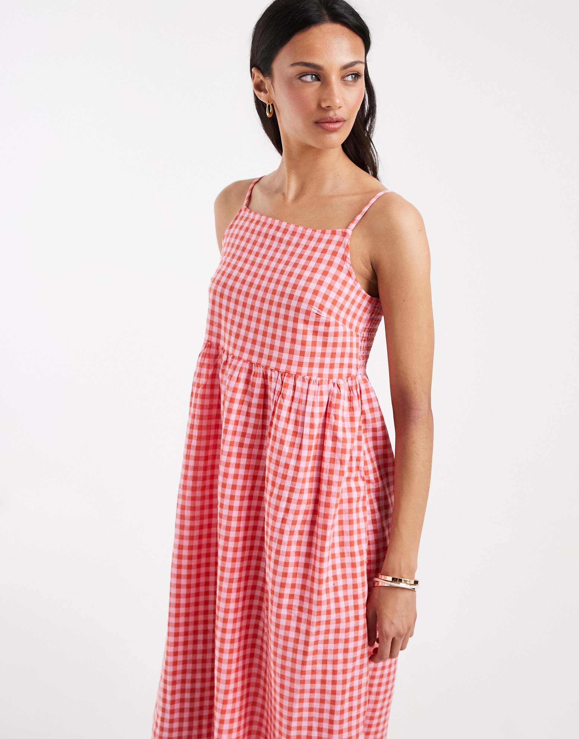 PIECES seersucker cami maxi dress in pink and red gingham print