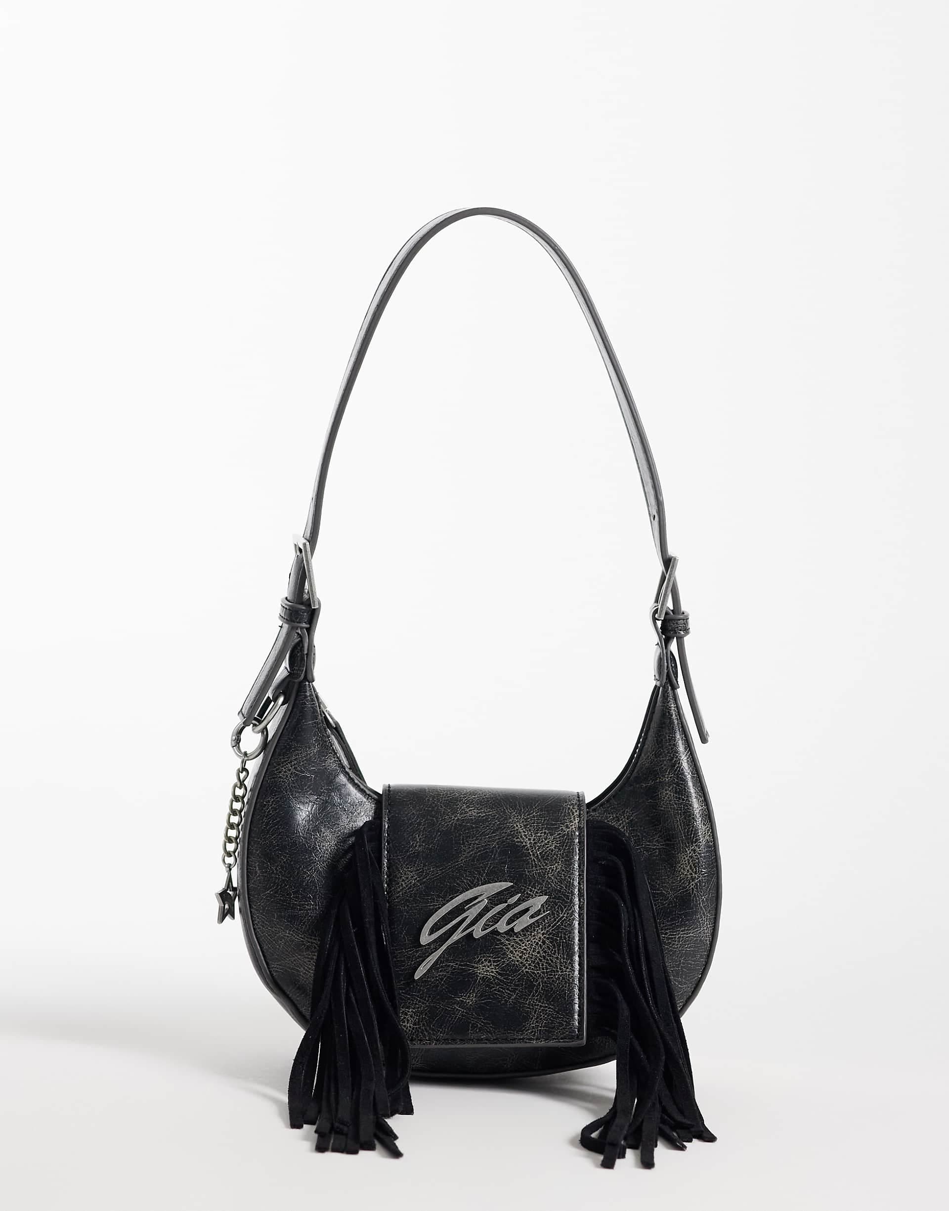 I.AM.GIA Tia textured faux leather chrome logo detail fringe front adjustable shoulder bag in washed black