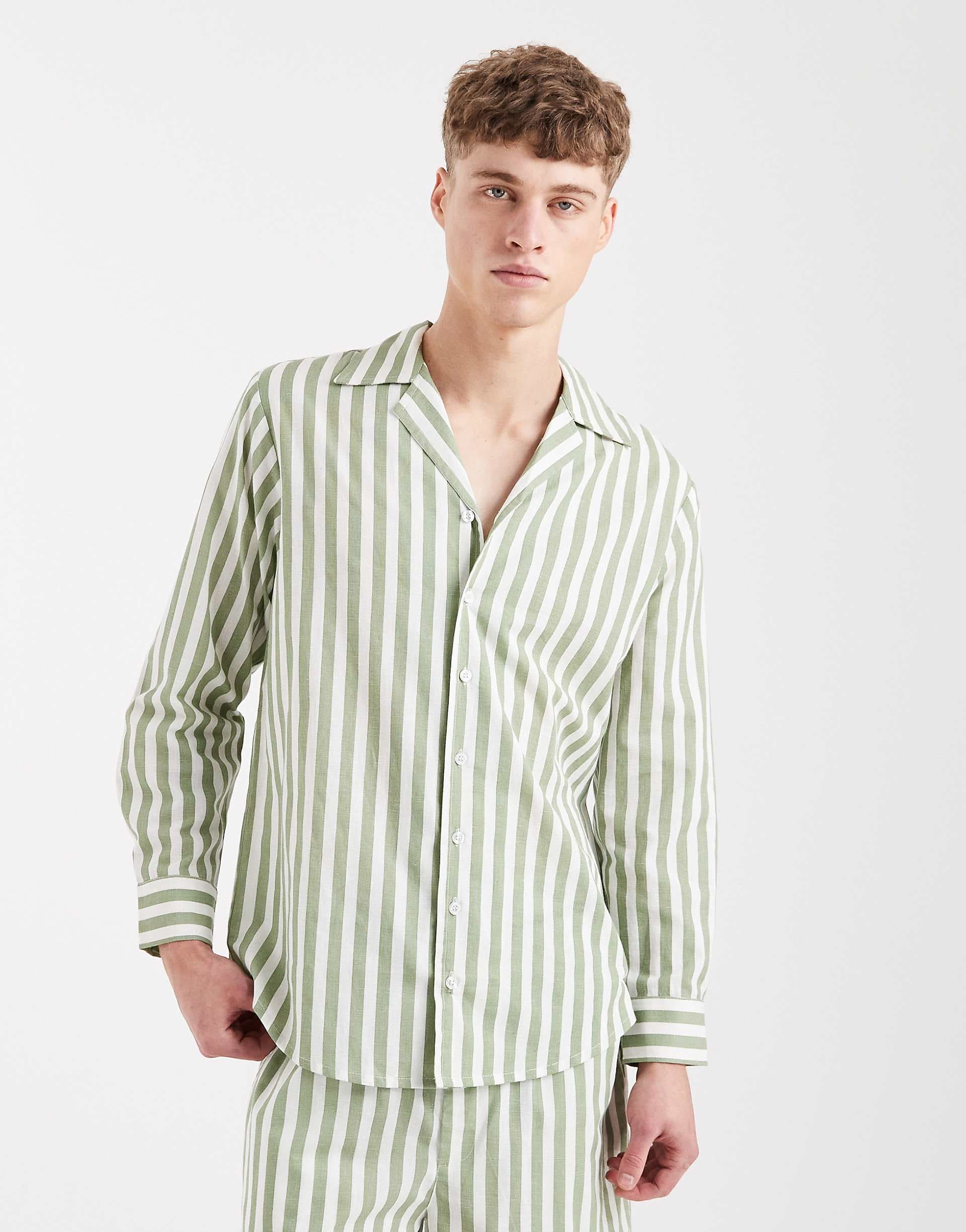 Sol Beach beach shirt in green and white stripes - part of a set