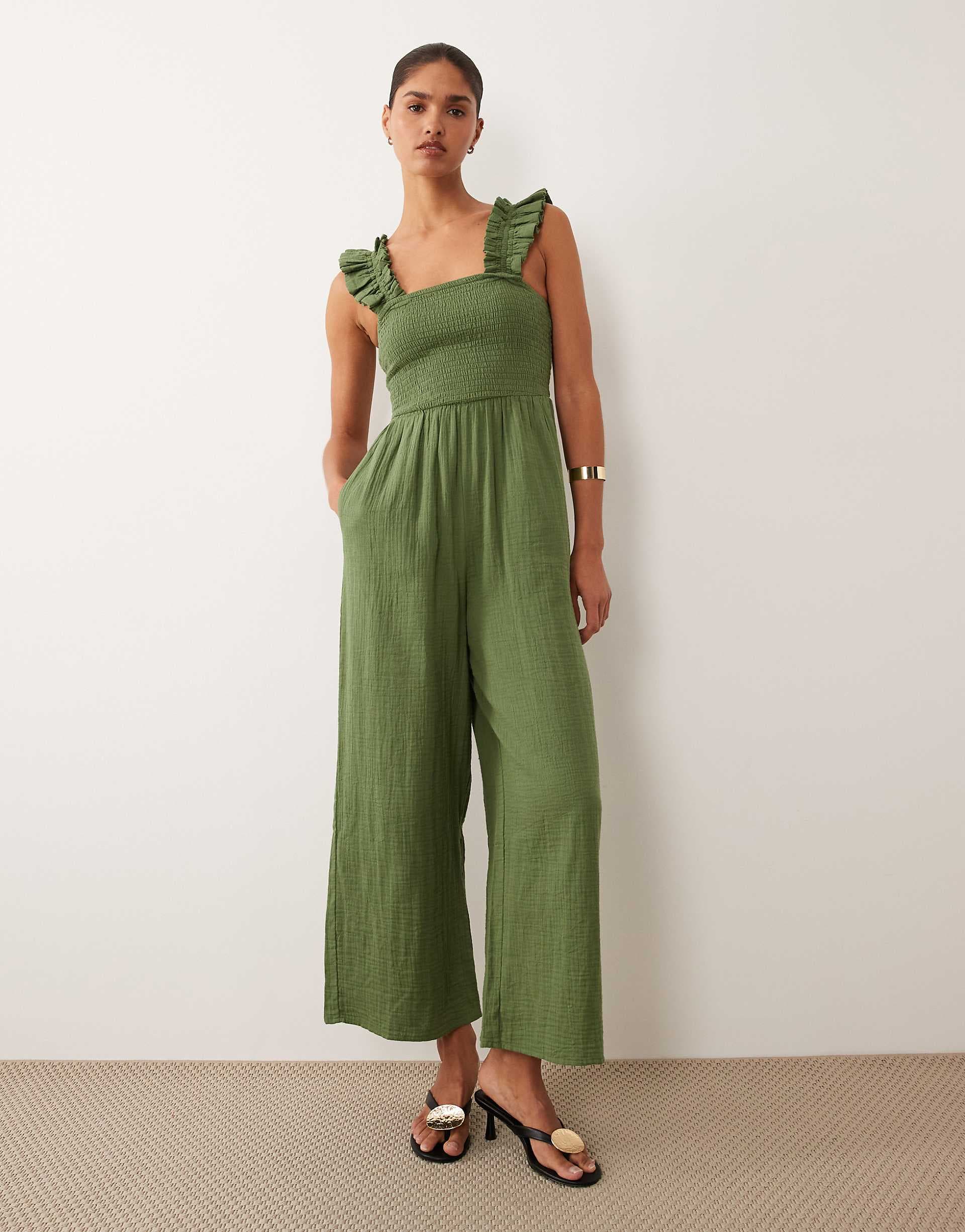 Nobody's Child Maya ruffle detail square neck jumpsuit in green