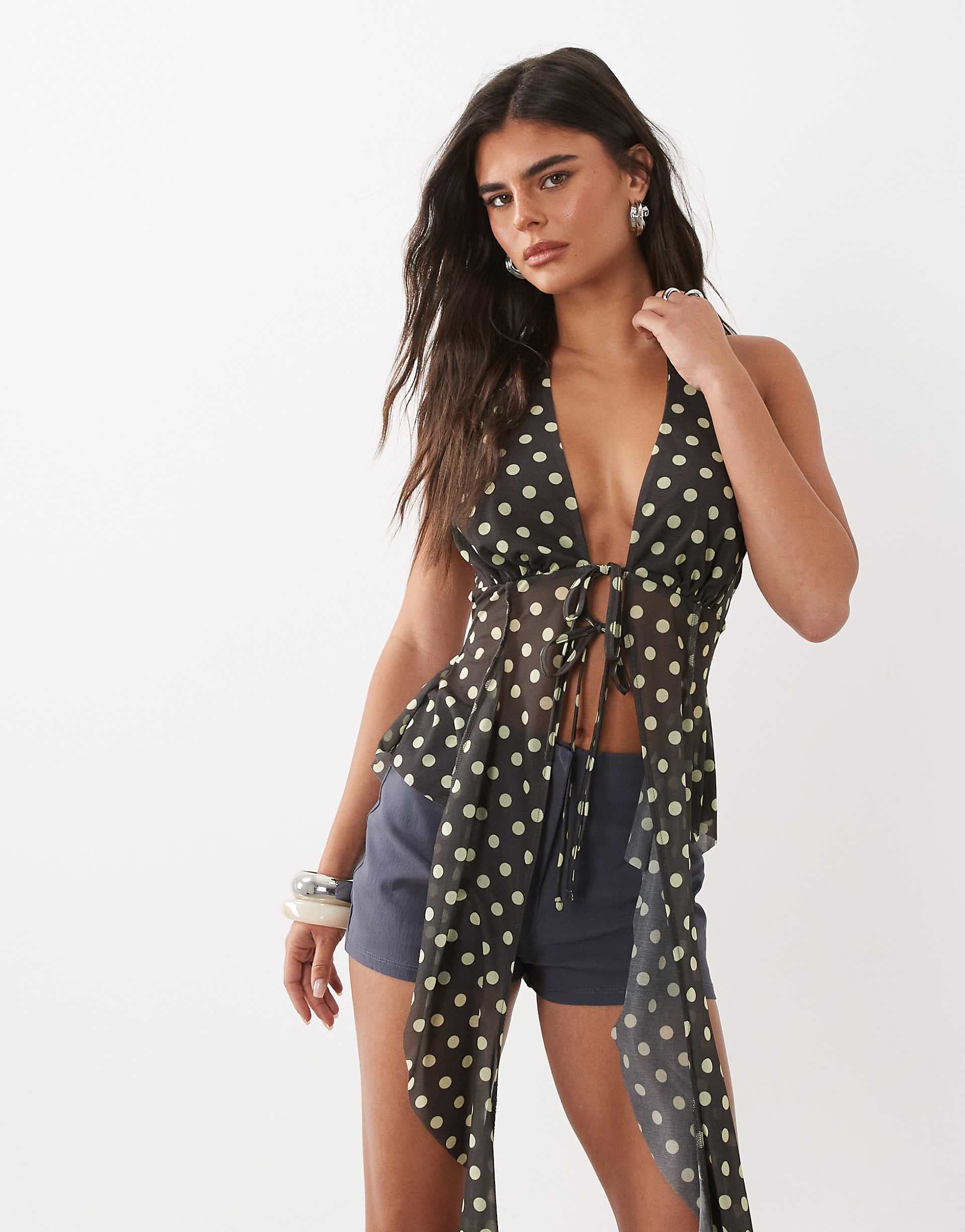 ASOS DESIGN asymmetric split halter top in brown spot
