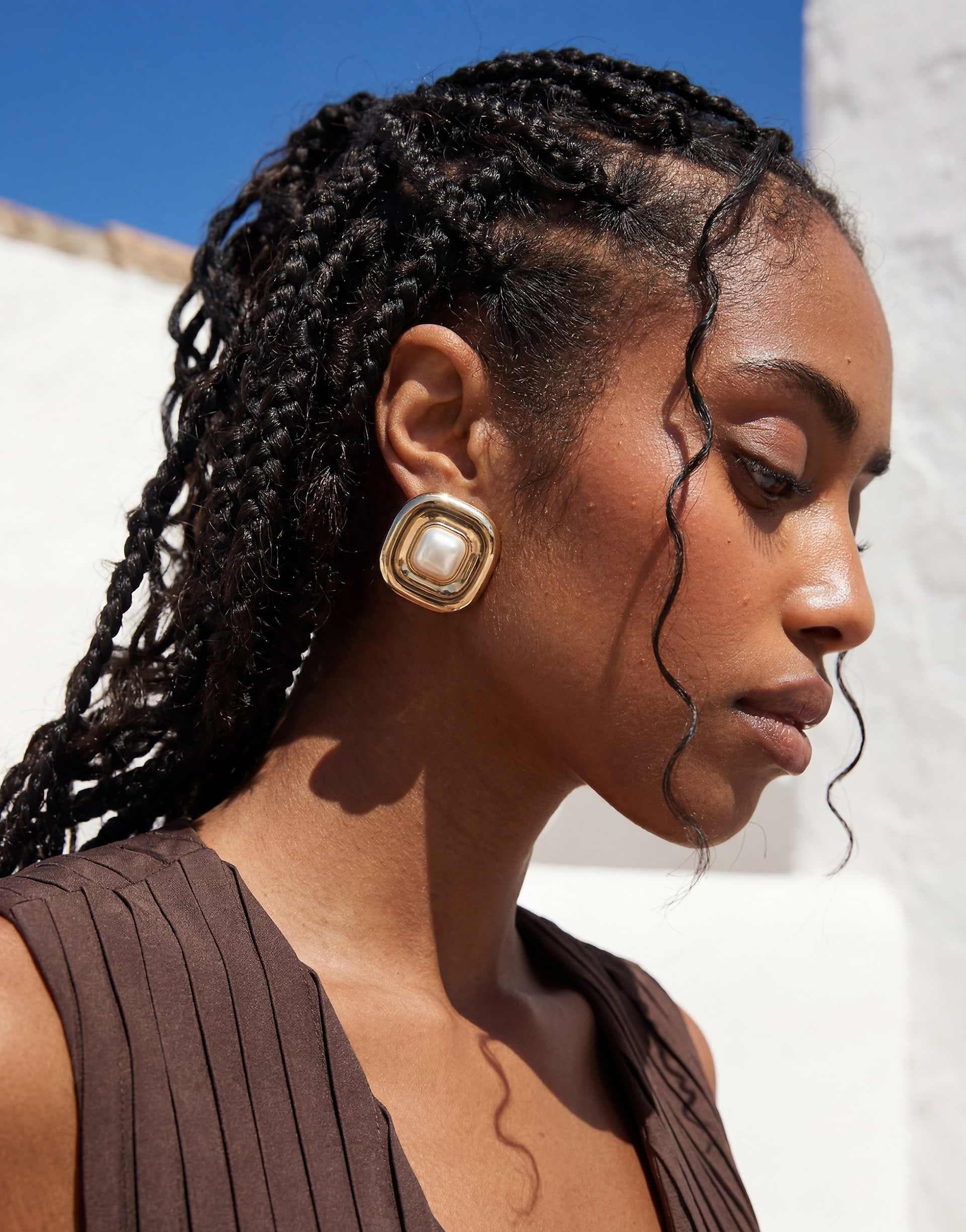ASOS DESIGN square stud earrings with faux pearl centers in gold tone
