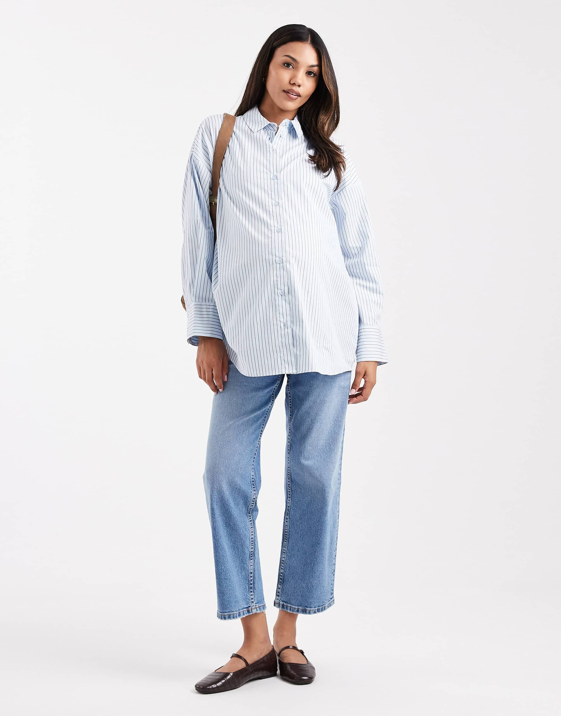 ASOS DESIGN Maternity ankle grazer comfort stretch straight leg jeans in mid blue