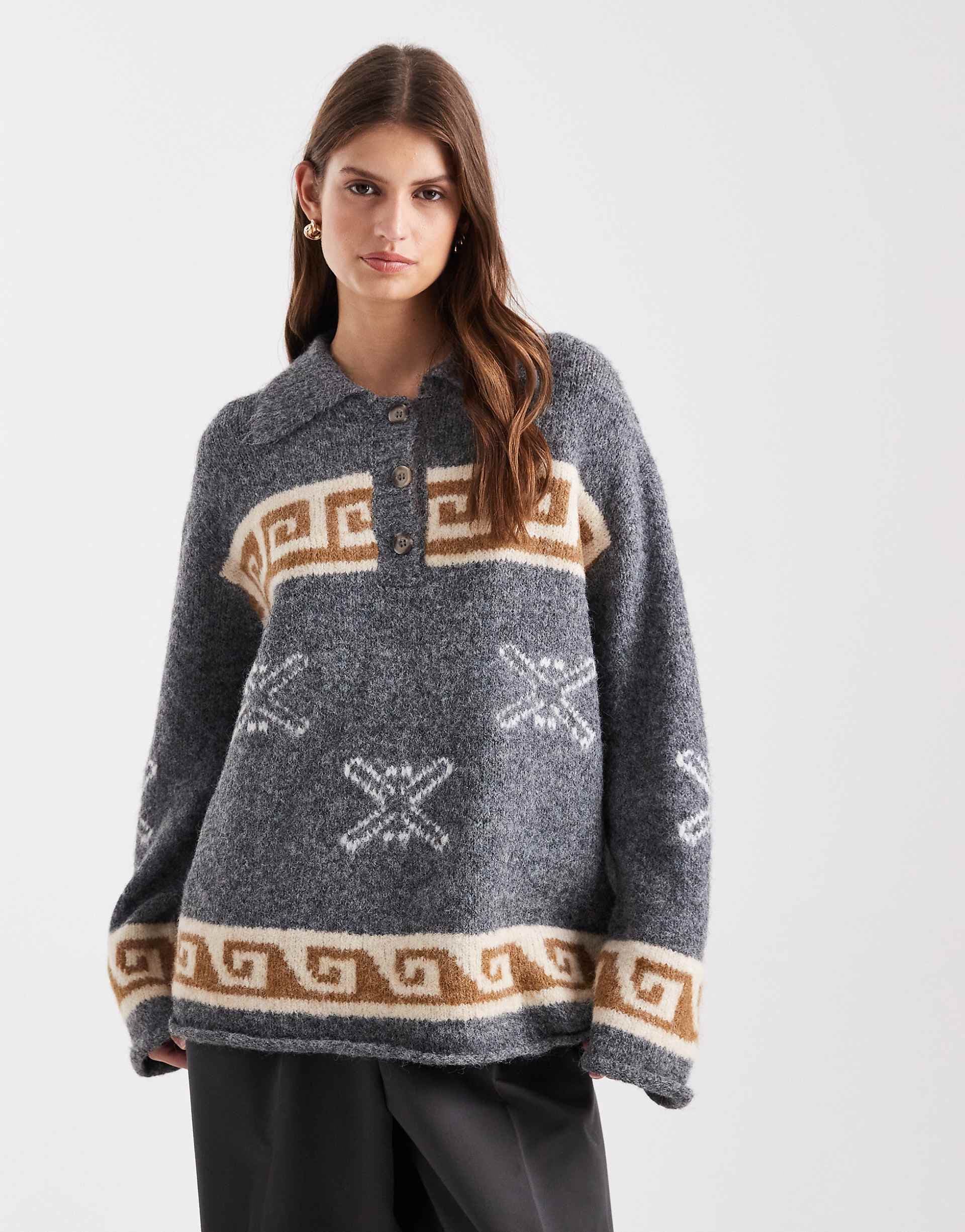 Object jacquard print oversized knit polo in medium gray melange