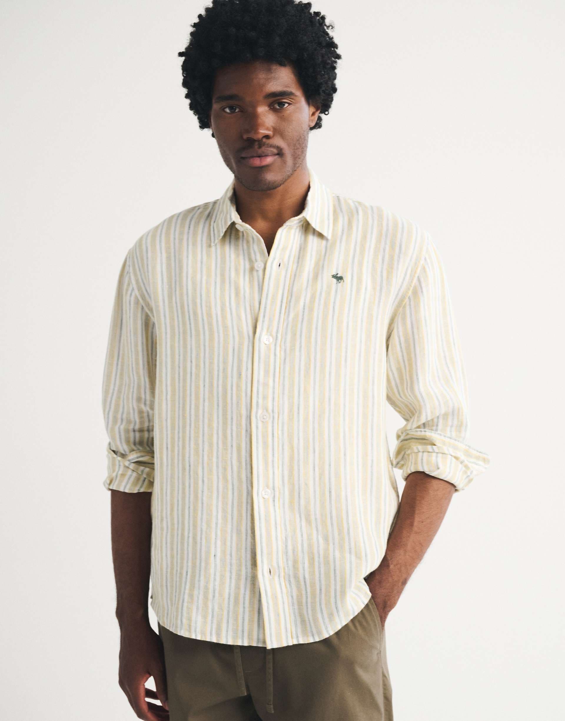Abercrombie & Fitch 100% linen long sleeve shirt in blue yellow stripes