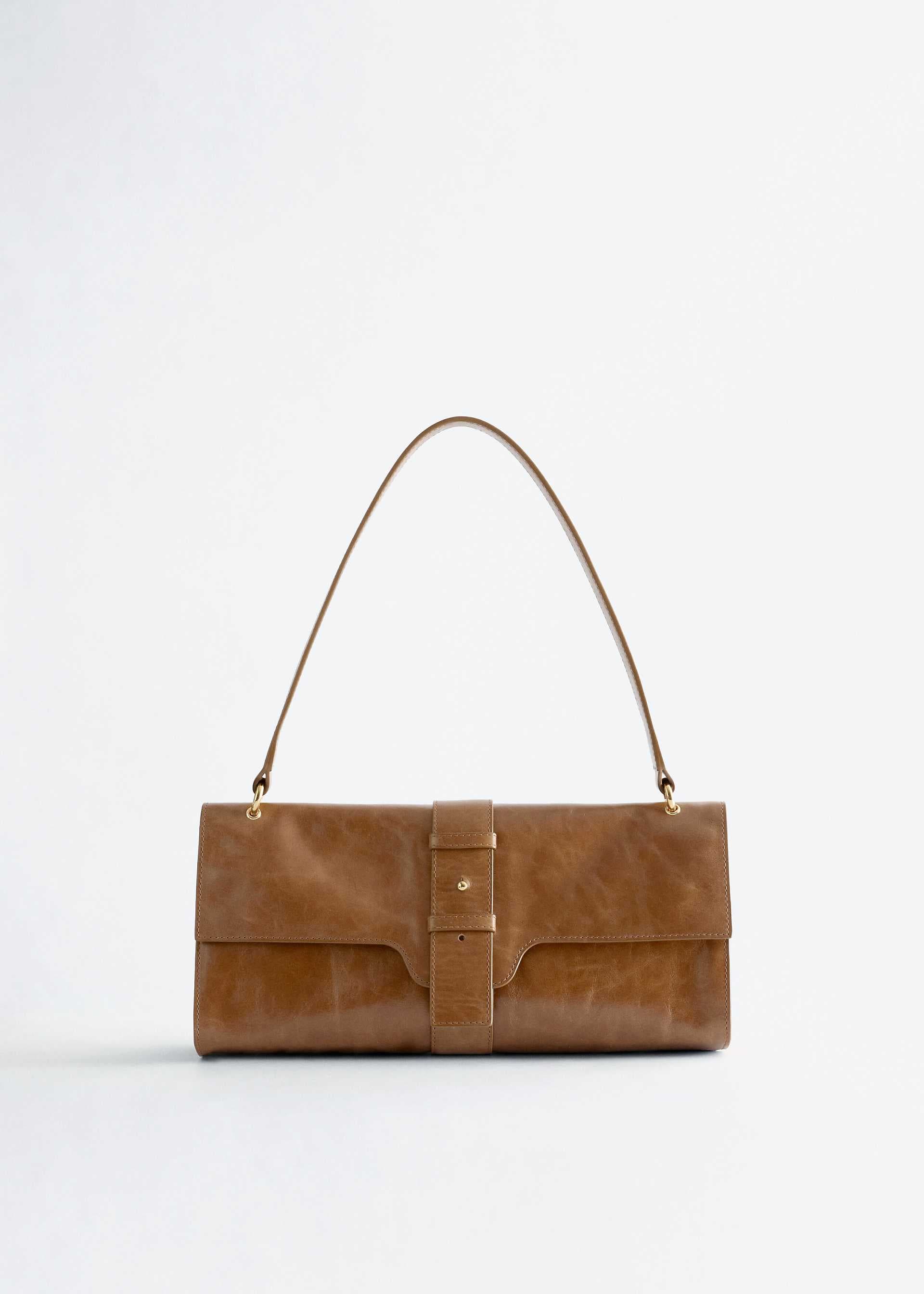 & Other Stories pure suede cracked leather shoulder flap bag with gold hardware in brown