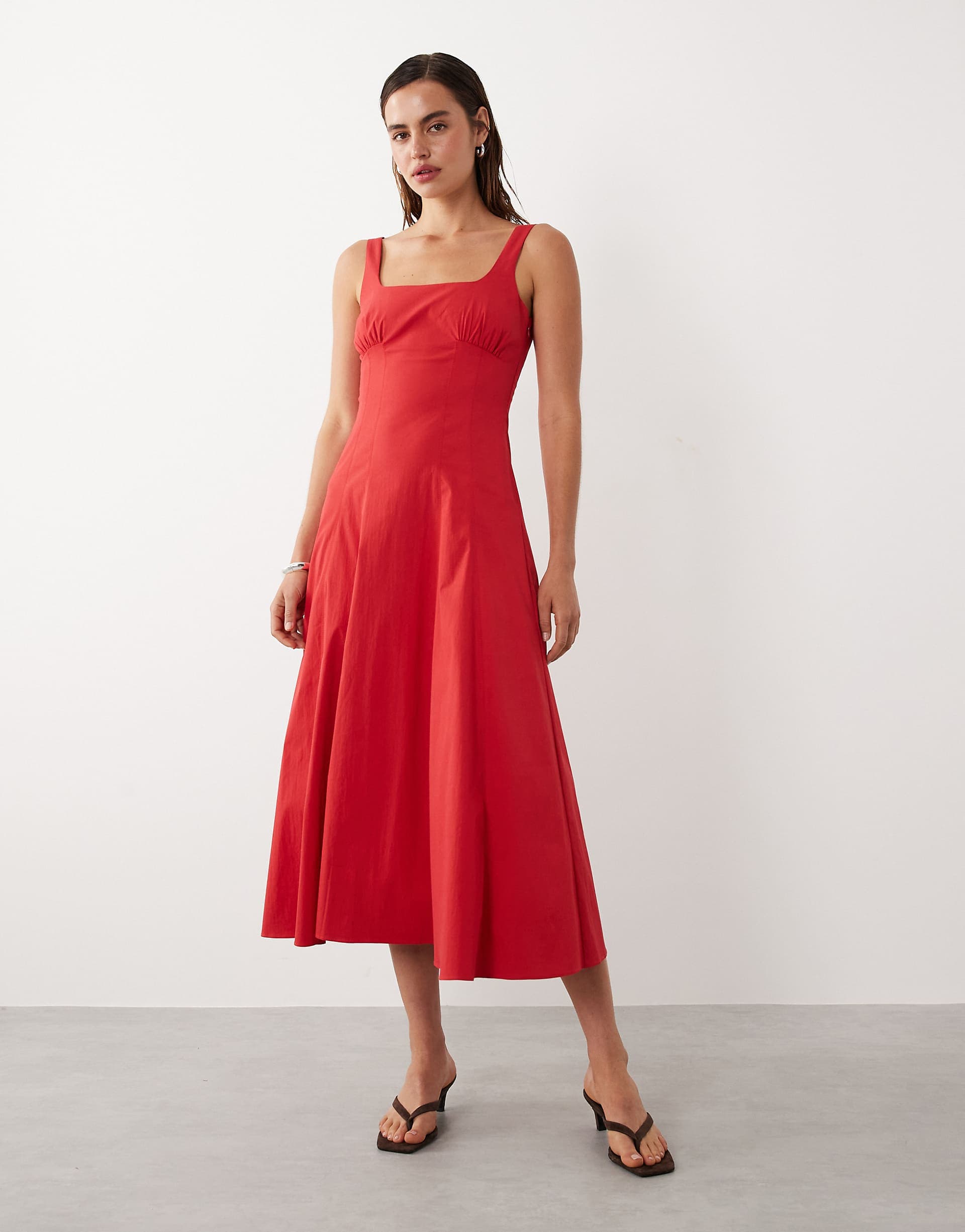 Mango starring Hailey Bieber square neck structured a line maxi dress in bright red