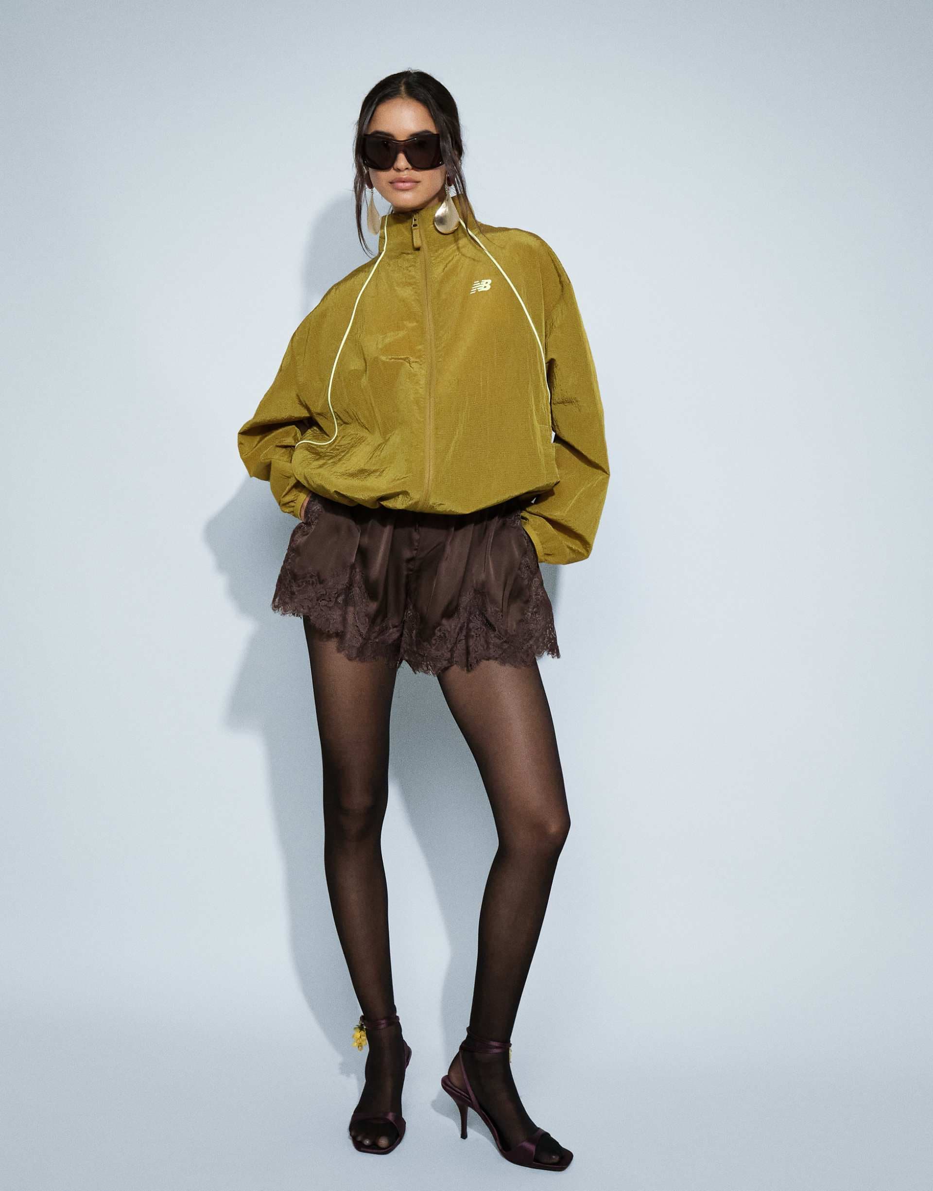 Noughts & Kisses satin tie waist shorts with lace trim in chocolate