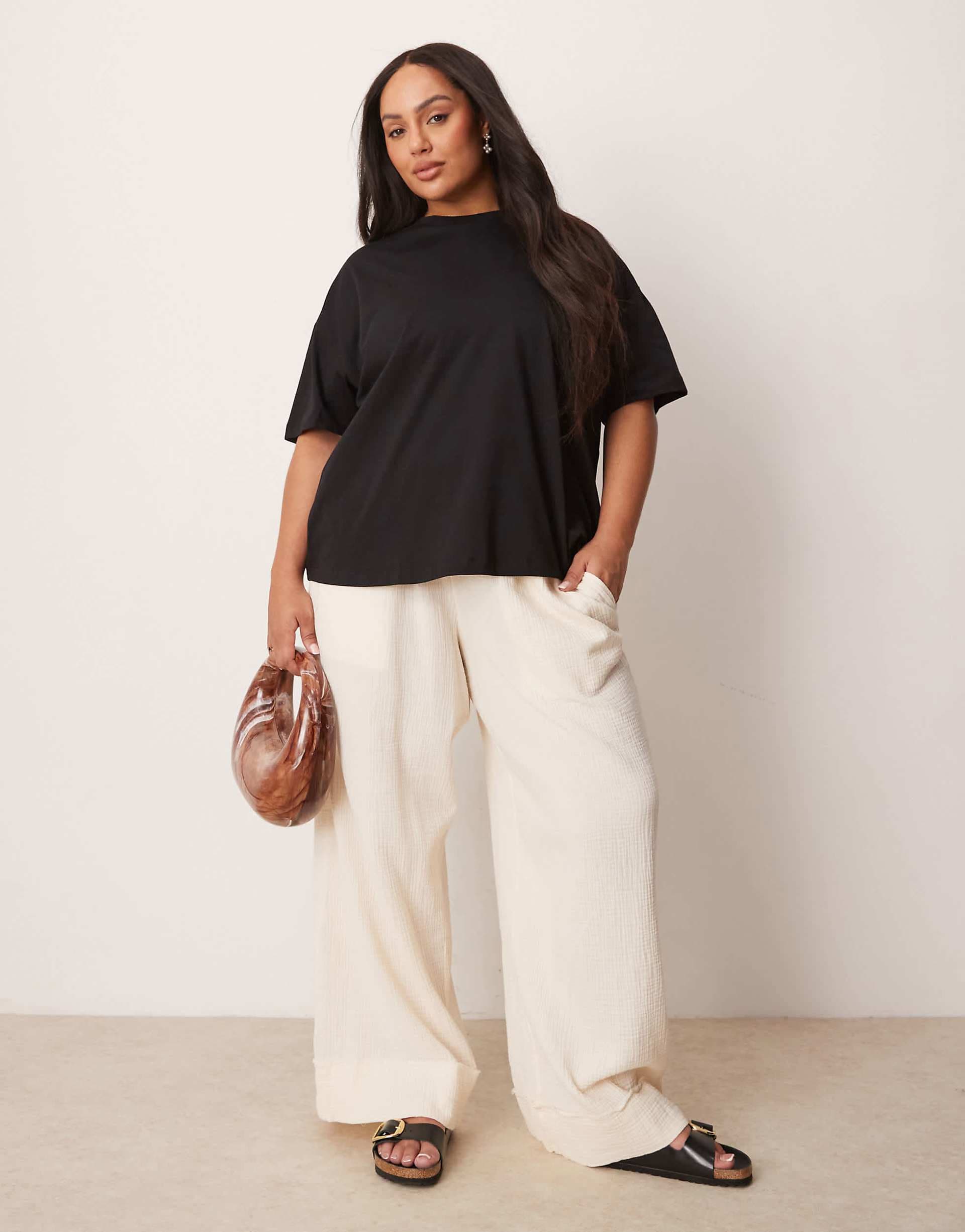 ASOS DESIGN Curve cheesecloth pull on pants with raw edge in buttermilk