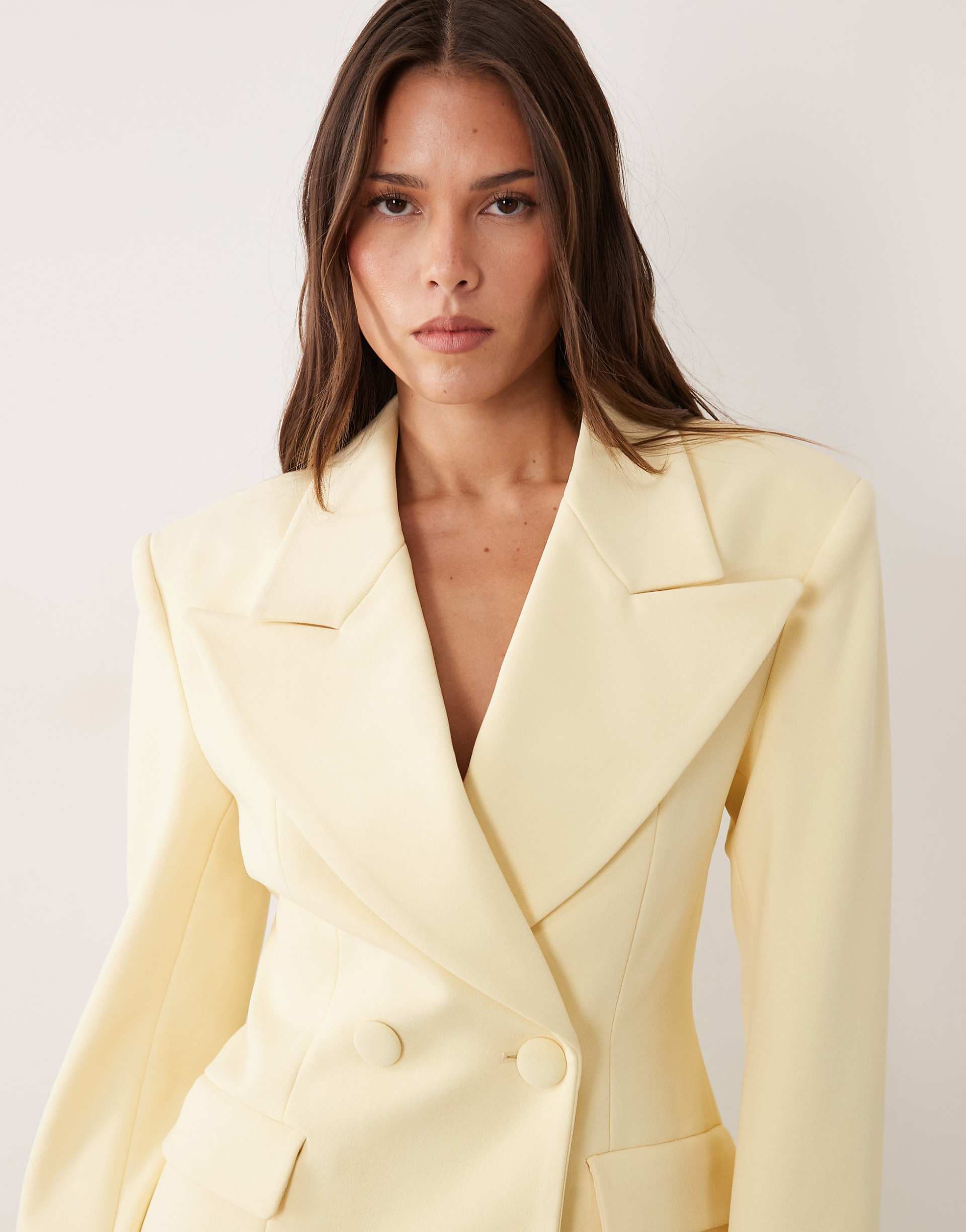 Wanderdoll exclusive Charlotte oversized lapel cinch waist blazer in lemon