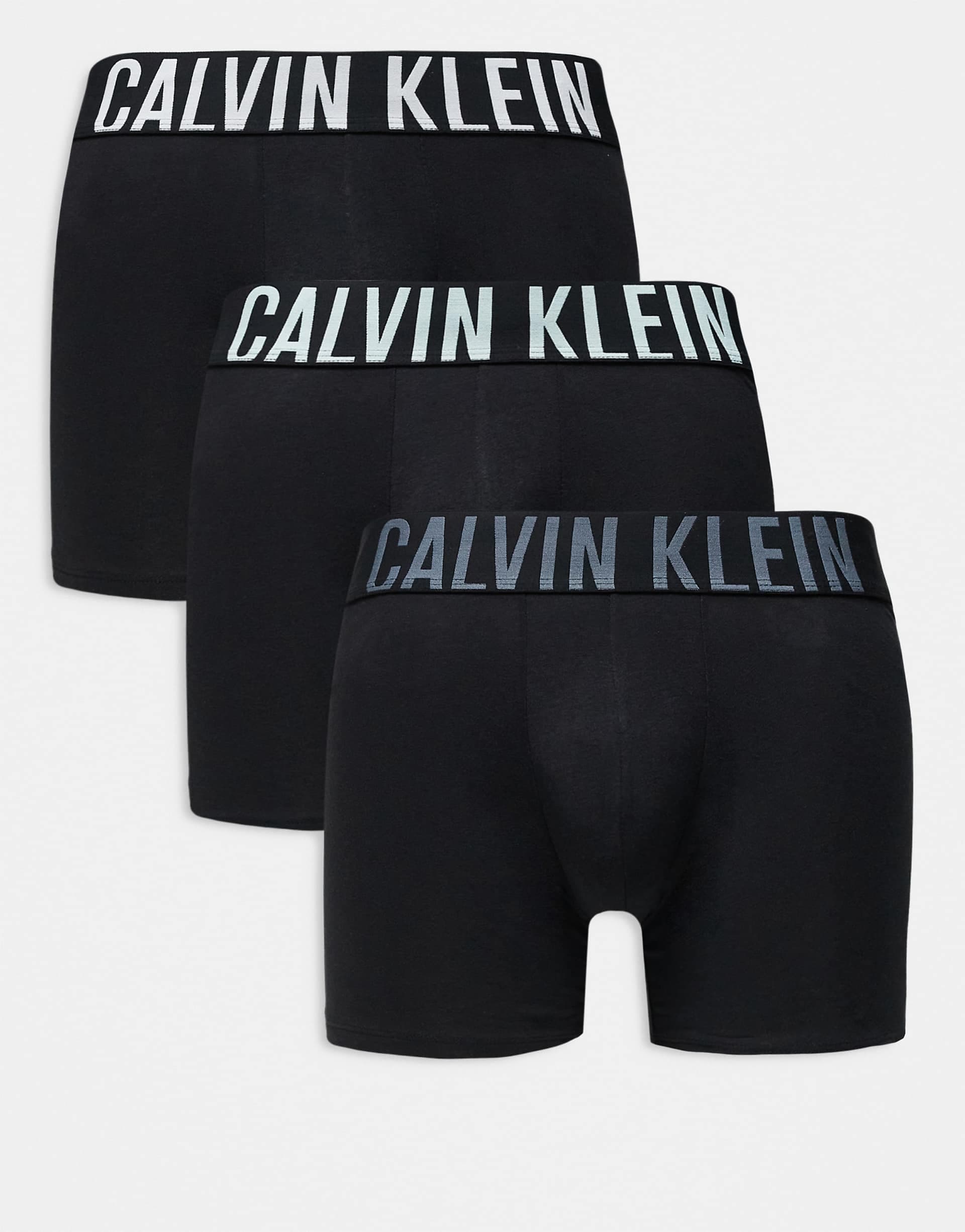 Calvin Klein Intense Power 3 pack cotton boxer briefs in black with gray/blue logo waistbands