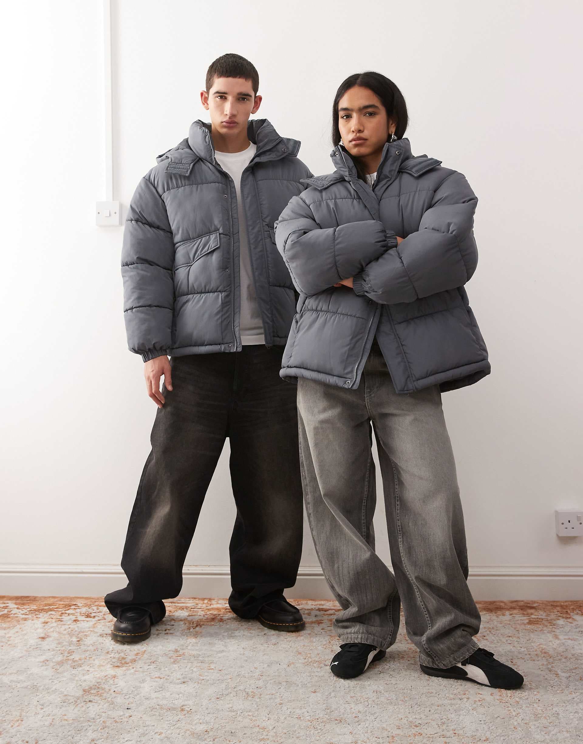 COLLUSION Unisex puffer jacket with hood in gray